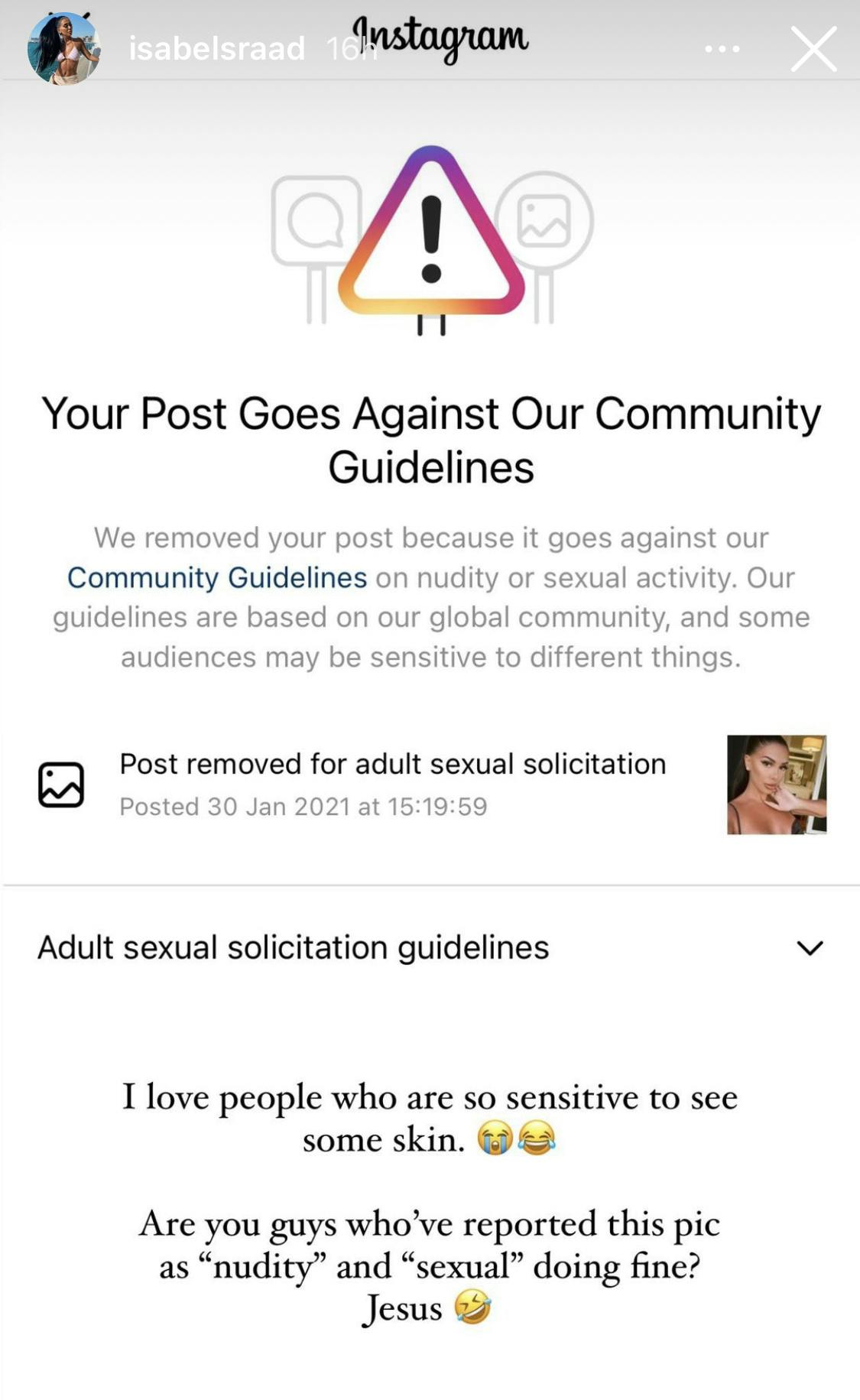 Isabel Raad fik i 2021 en advarsel fra Instagram, som slettede en selfie der "opfordrede til køb og salg af sex".