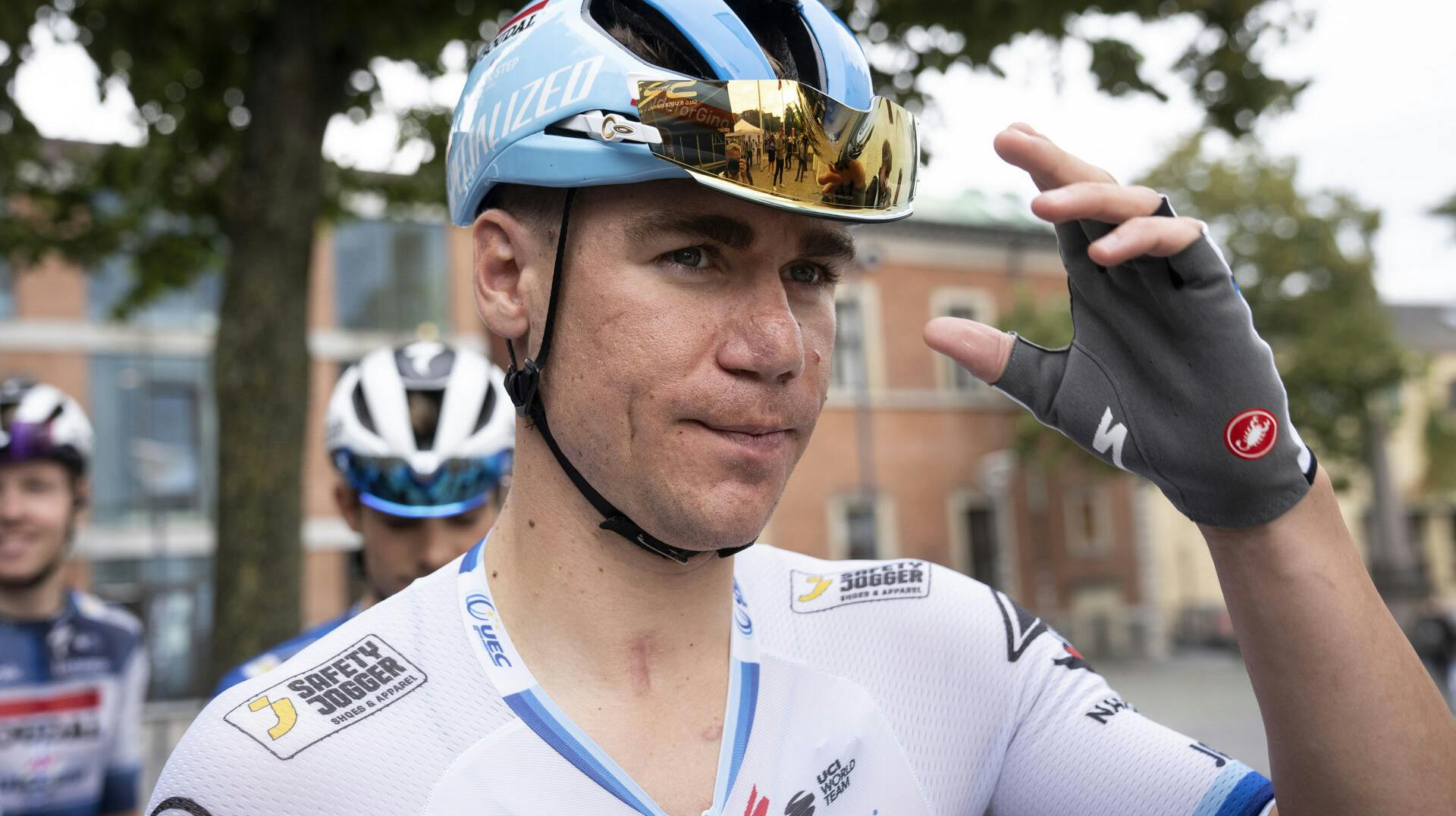 Fabio Jakobsen (Soudal - Quick Step) før starten af første etape i PostNord Danmark Rundt 2023 starter i det nordjyske i Aalborg tirsdag den 15. august 2023.. (Foto: Bo Amstrup/Ritzau Scanpix)