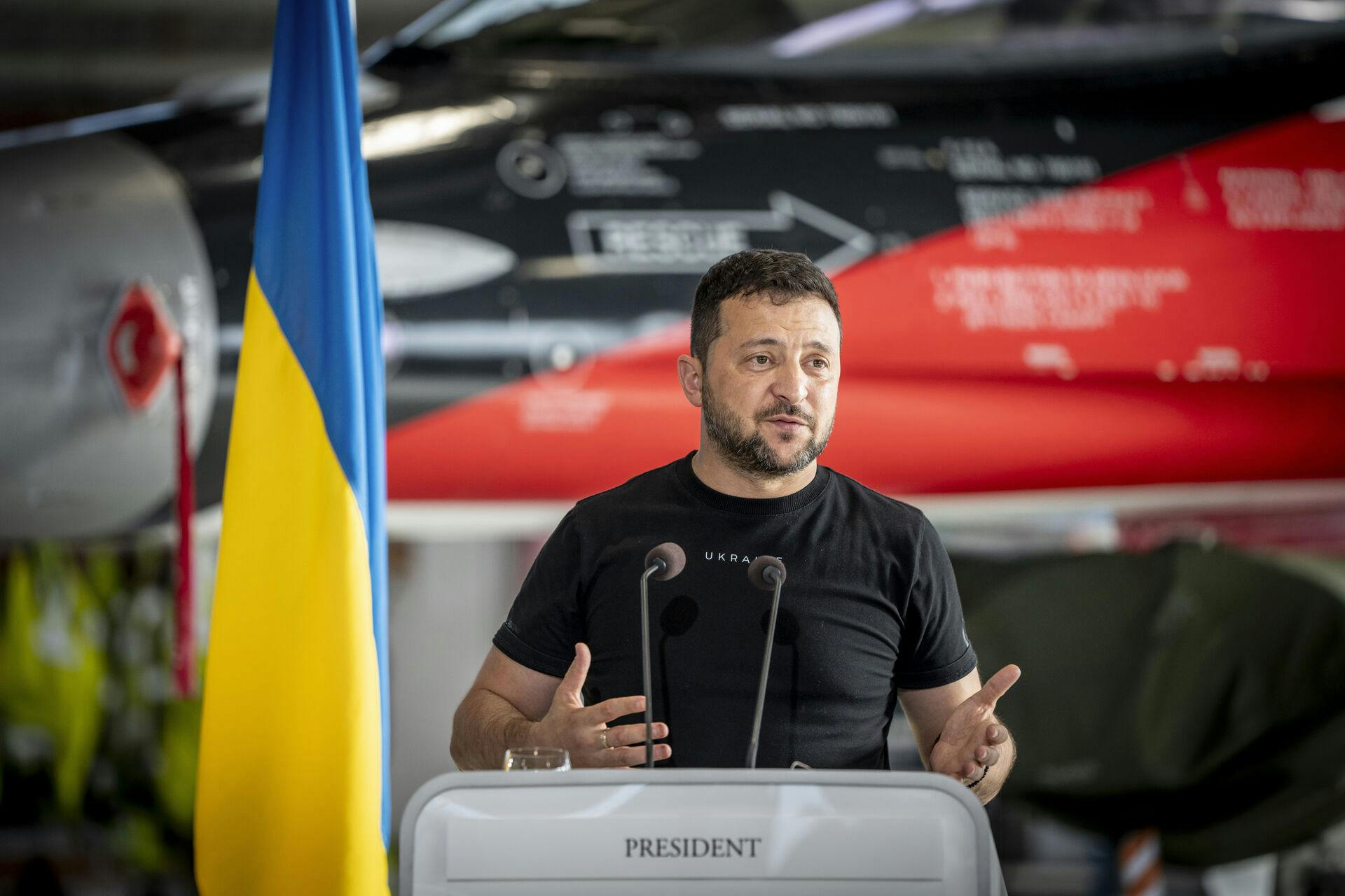 Ukraines præsident Volodymyr Zelenskiy under pressemøde på Skrydstrup Flyvestation i Vojens, søndag den 20. august 2023.. (Foto: Mads Claus Rasmussen/Ritzau Scanpix)