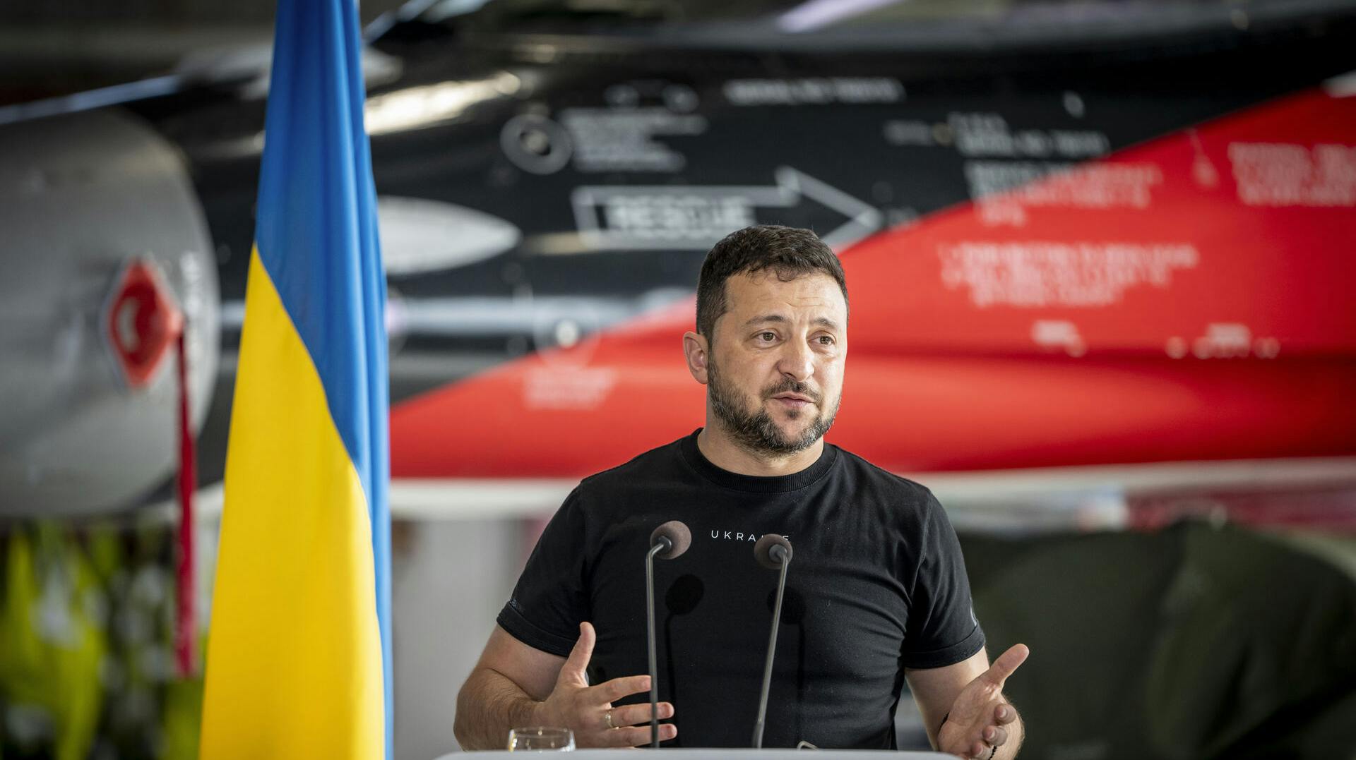 Ukraines præsident Volodymyr Zelenskiy under pressemøde på Skrydstrup Flyvestation i Vojens, søndag den 20. august 2023.. (Foto: Mads Claus Rasmussen/Ritzau Scanpix)