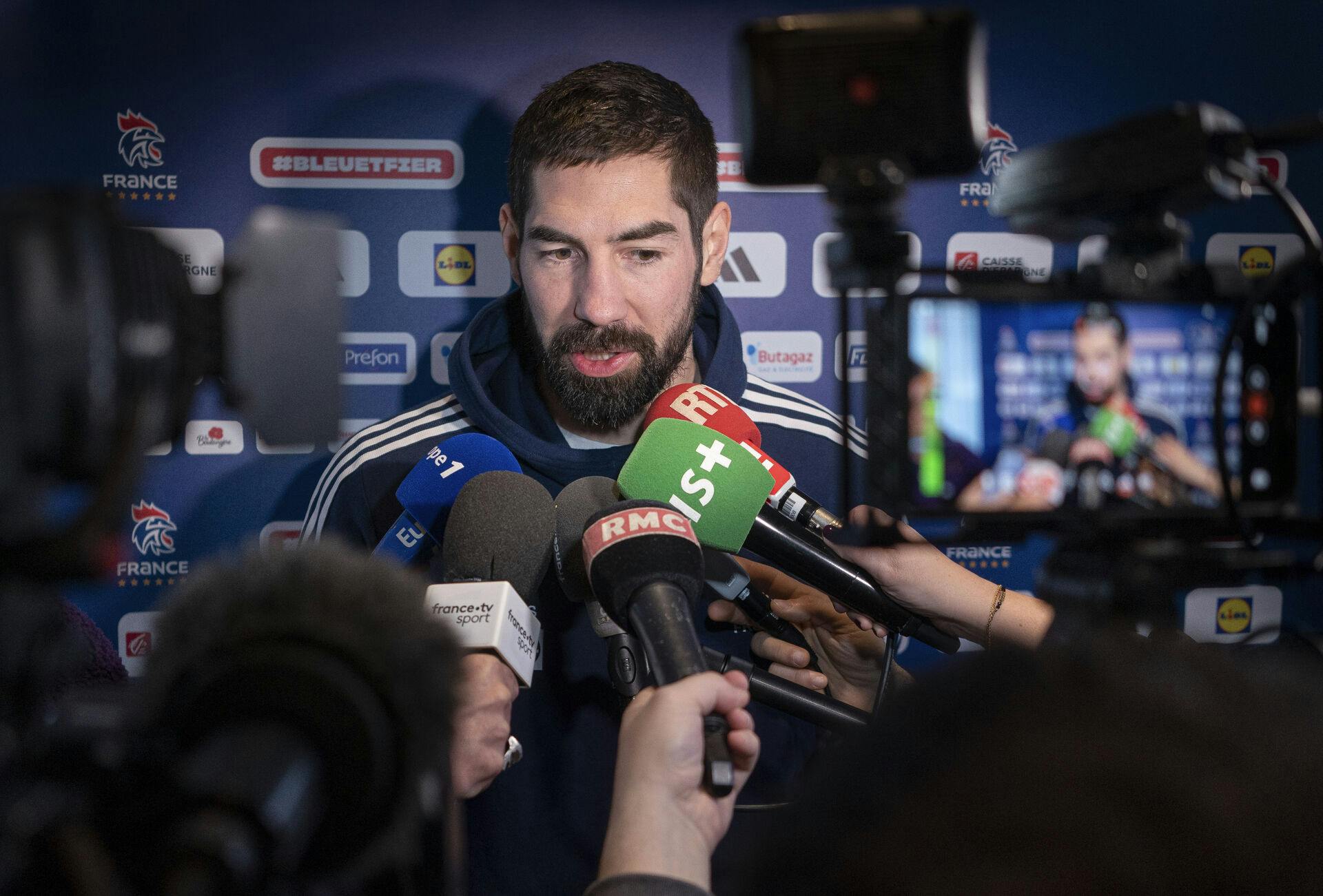Frankrigs Nikola Karabatic under pressemøde med franskmændene på spillerhotellet, lørdag den 28. januar 2023.. (Foto: Liselotte Sabroe/Ritzau Scanpix)