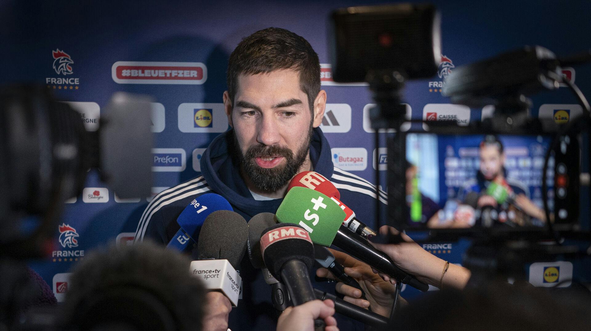 Frankrigs Nikola Karabatic under pressemøde med franskmændene på spillerhotellet, lørdag den 28. januar 2023.. (Foto: Liselotte Sabroe/Ritzau Scanpix)