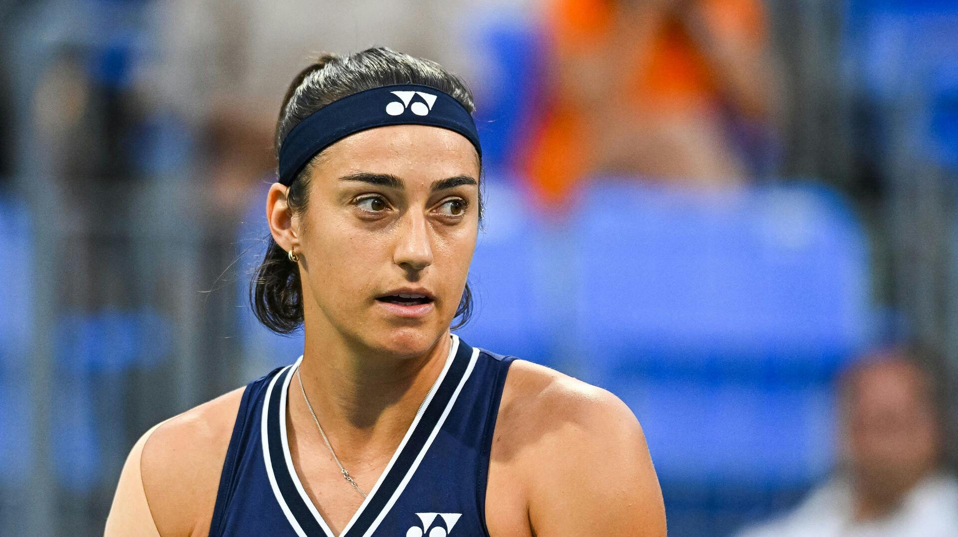 Aug 8, 2023; Montreal, Quebec, Canada; Caroline Garcia (FRA) looks towards her opponent Marie Bouzkova (CZE) (not pictured) during second round play at IGA Stadium. Mandatory Credit: David Kirouac-USA TODAY Sports