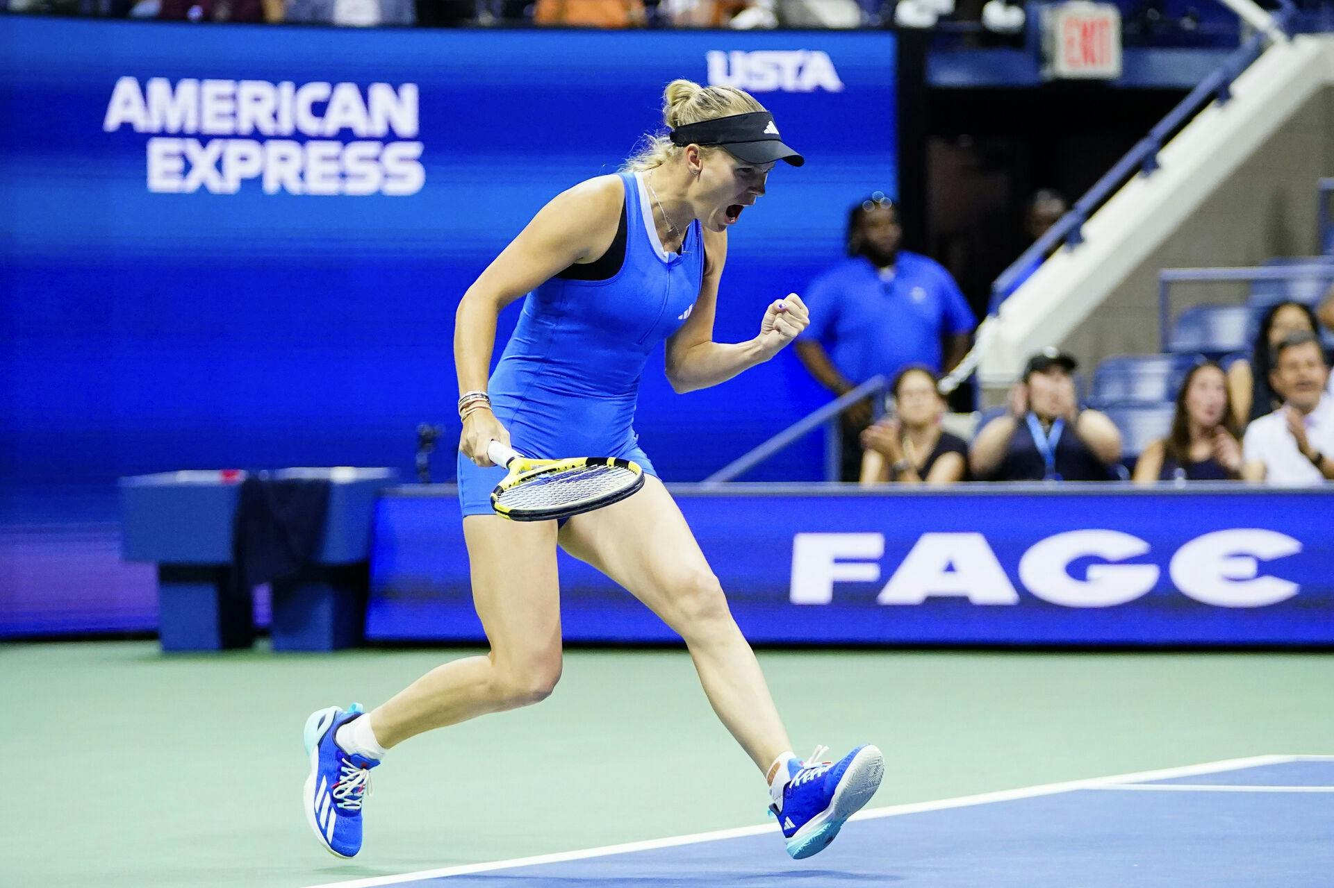 Caroline Wozniacki, of Denmark, reacts during a match against Petra Kvitova, of the Czech Republic, at the second round of the U.S. Open tennis championships, Wednesday, Aug. 30, 2023, in New York. (AP Photo/Frank Franklin II)