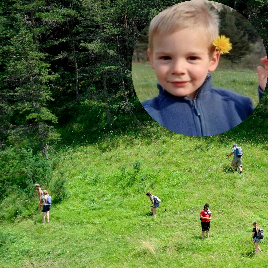 2-årige Émile har været sporløst forsvundet i snart to måneder - her ses frivillige finkæmme et område for at forsøge at finde drengen.