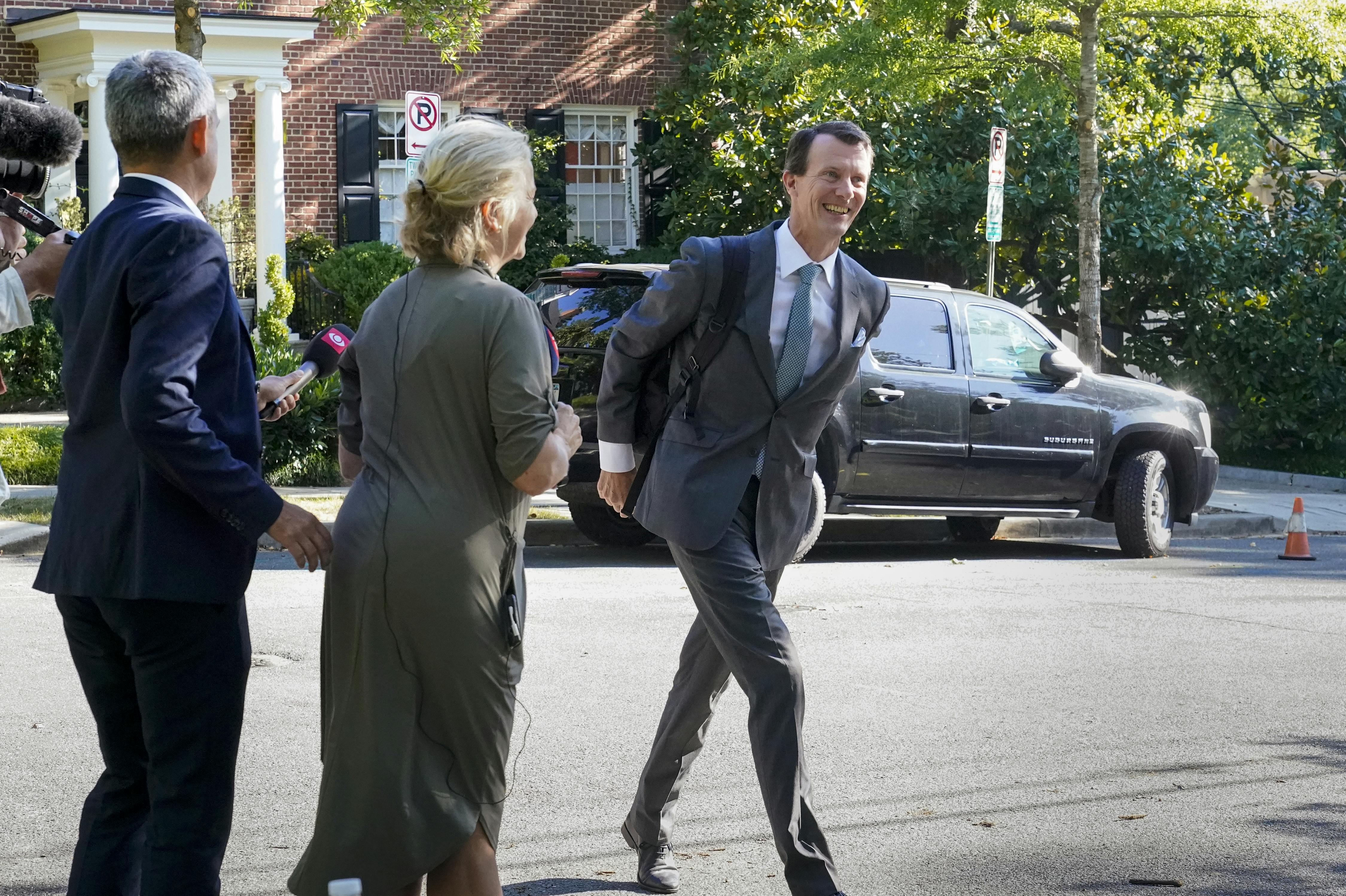Prince Joachim of Denmark finishes speaking to reporters as he arrives at the Danish Embassy in Washington to begin his role as defense industry attache, Friday, Sept. 1, 2023. (AP Photo/J. Scott Applewhite)
