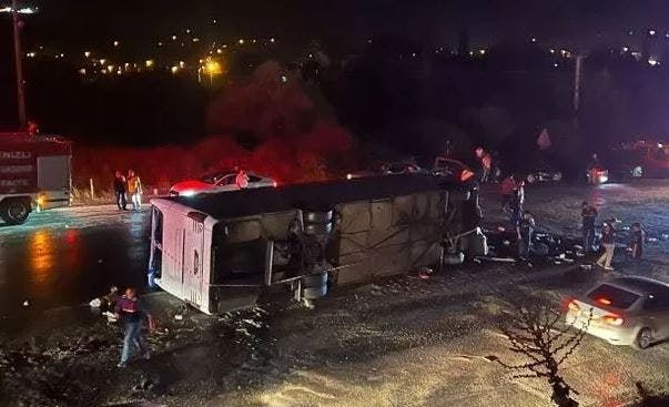 DEADLY SMASH Six wedding guests are killed and 43 injured after horror crash leaves bus dangling over cliff edge in Turkey, Denizli's Honaz district