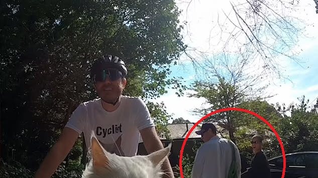 Her cykler den uvidende mand og hans kat forbi Harry Styles og dennes nye kæreste, skuespillerinden Taylor Russell.