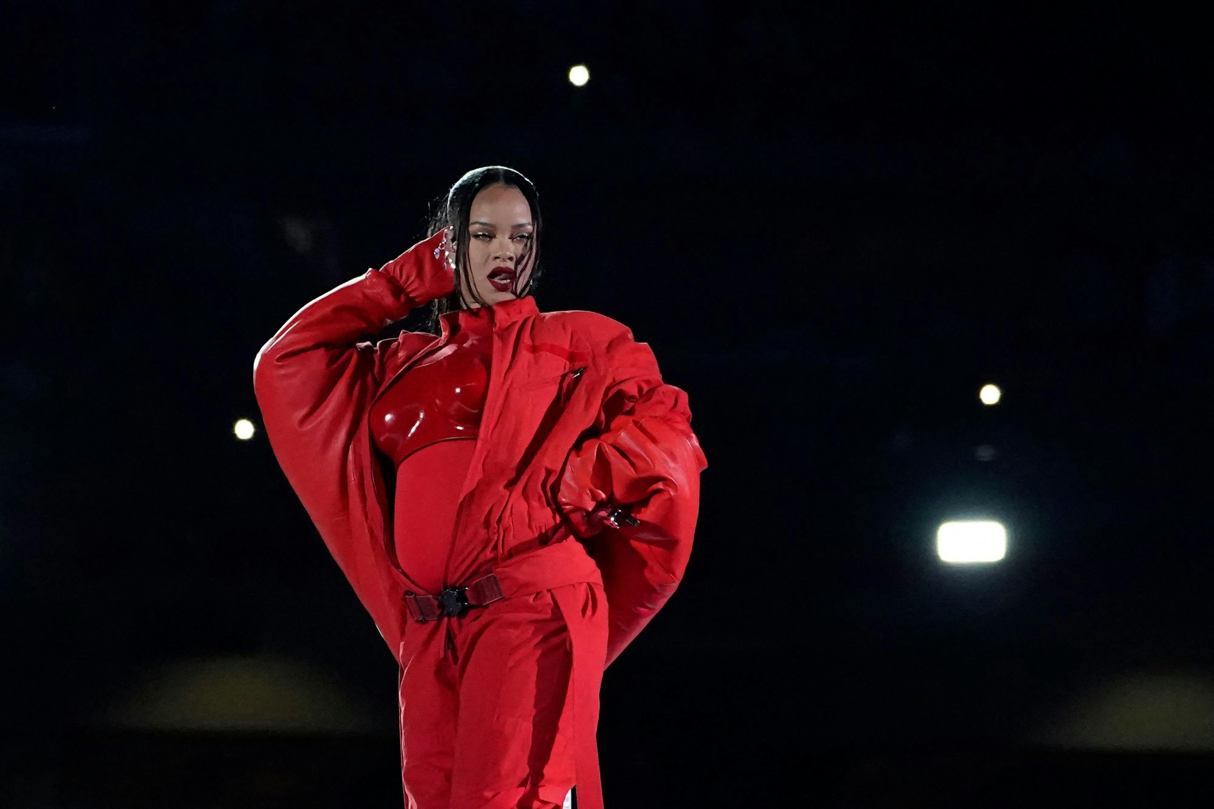 (FILES) Barbadian singer Rihanna performs during the halftime show of Super Bowl LVII between the Kansas City Chiefs and the Philadelphia Eagles at State Farm Stadium in Glendale, Arizona, on February 12, 2023. Rihanna has given birth to a baby boy, her second child with rapper A$AP Rocky, a report said August 21, 2023. (Photo by TIMOTHY A. CLARY / AFP)