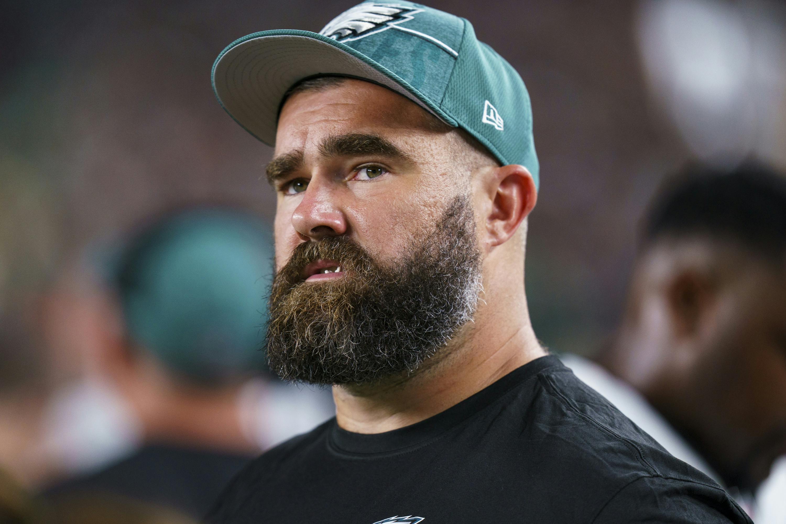 Philadelphia Eagles center Jason Kelce (62) looks on during the NFL preseason football game against the Cleveland Browns, Thursday, Aug. 17, 2023, in Philadelphia. The game ends in a 18-18 tie. (AP Photo/Chris Szagola)