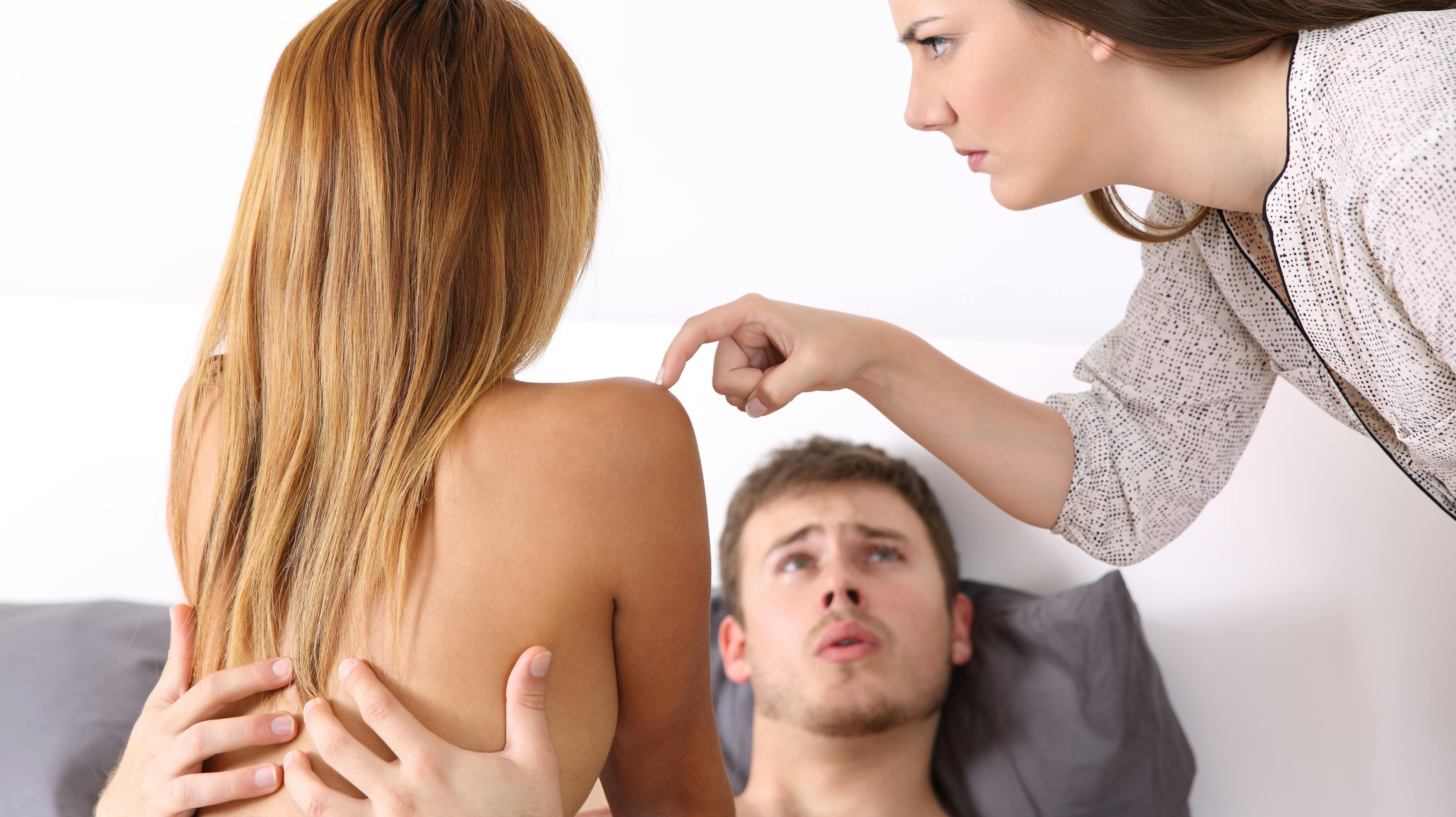 Cheater having sex with his lover caught in act by an angry wife in an humorous situation