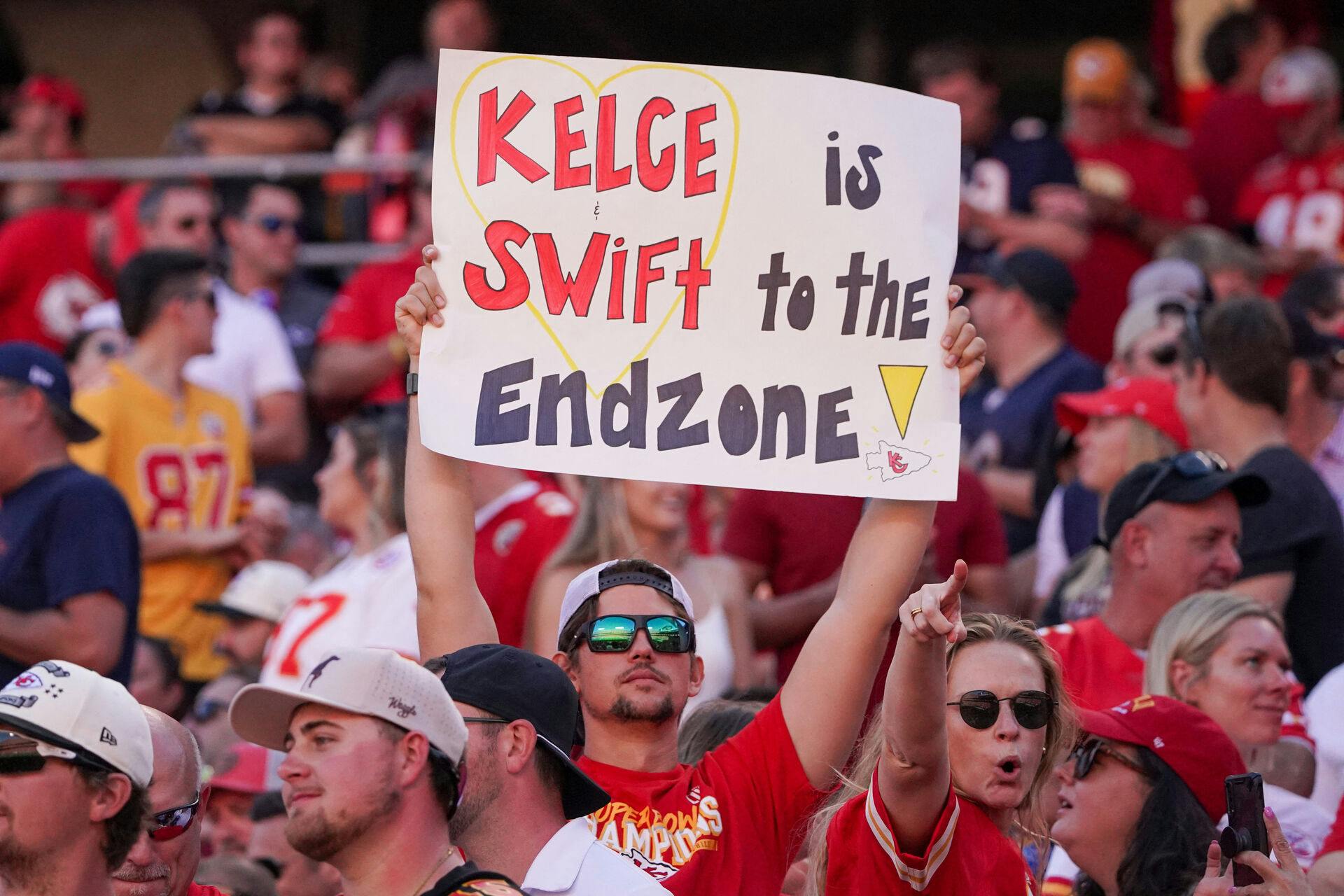 Sep 24, 2023; Kansas City, Missouri, USA; Kansas City Chiefs and Taylor Swift fans show their support against the Chicago Bears during the first half at GEHA Field at Arrowhead Stadium. Mandatory Credit: Denny Medley-USA TODAY Sports