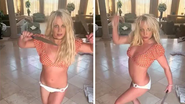 Britney Spears danser rundt med knive i hånden i ny video.