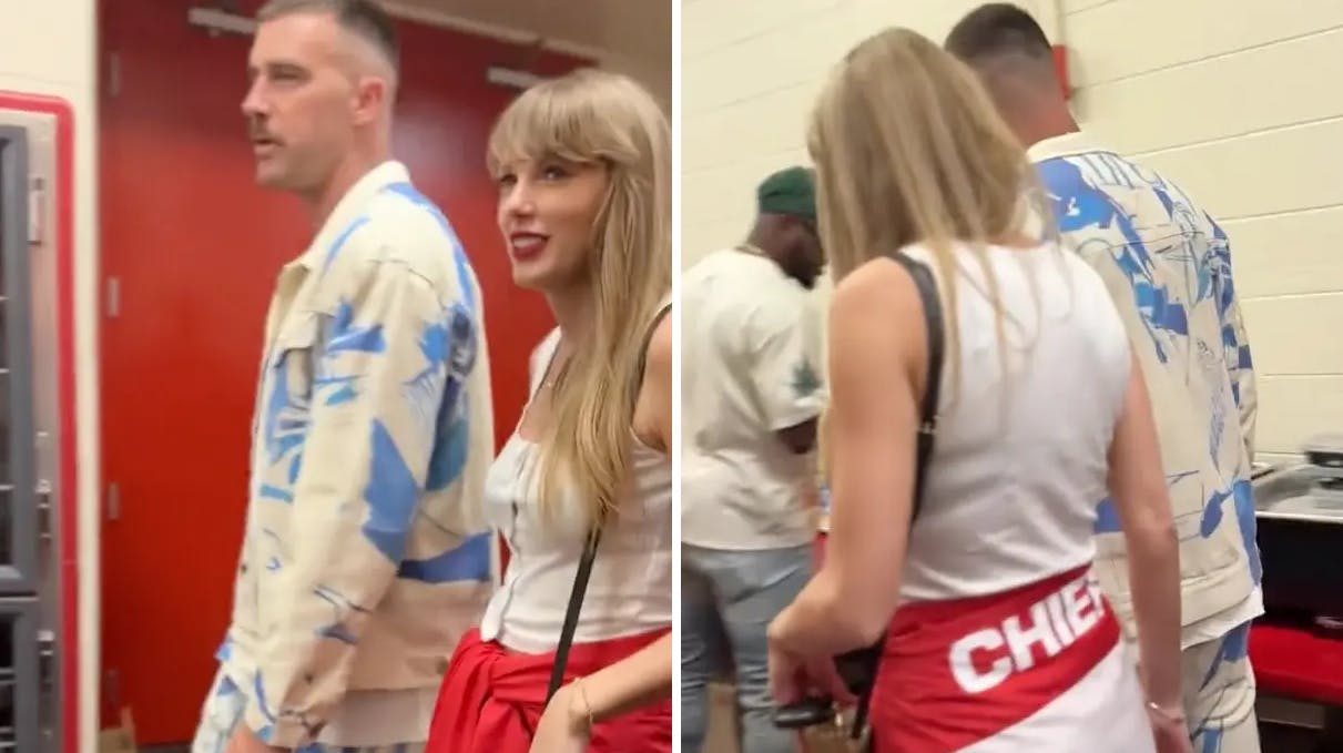 Sådan så det ud, da Travis Kelce og Taylor Swift forlod stadion sammen. Nu er der dukket nye og mere kærlige billeder op af de to kendisser.