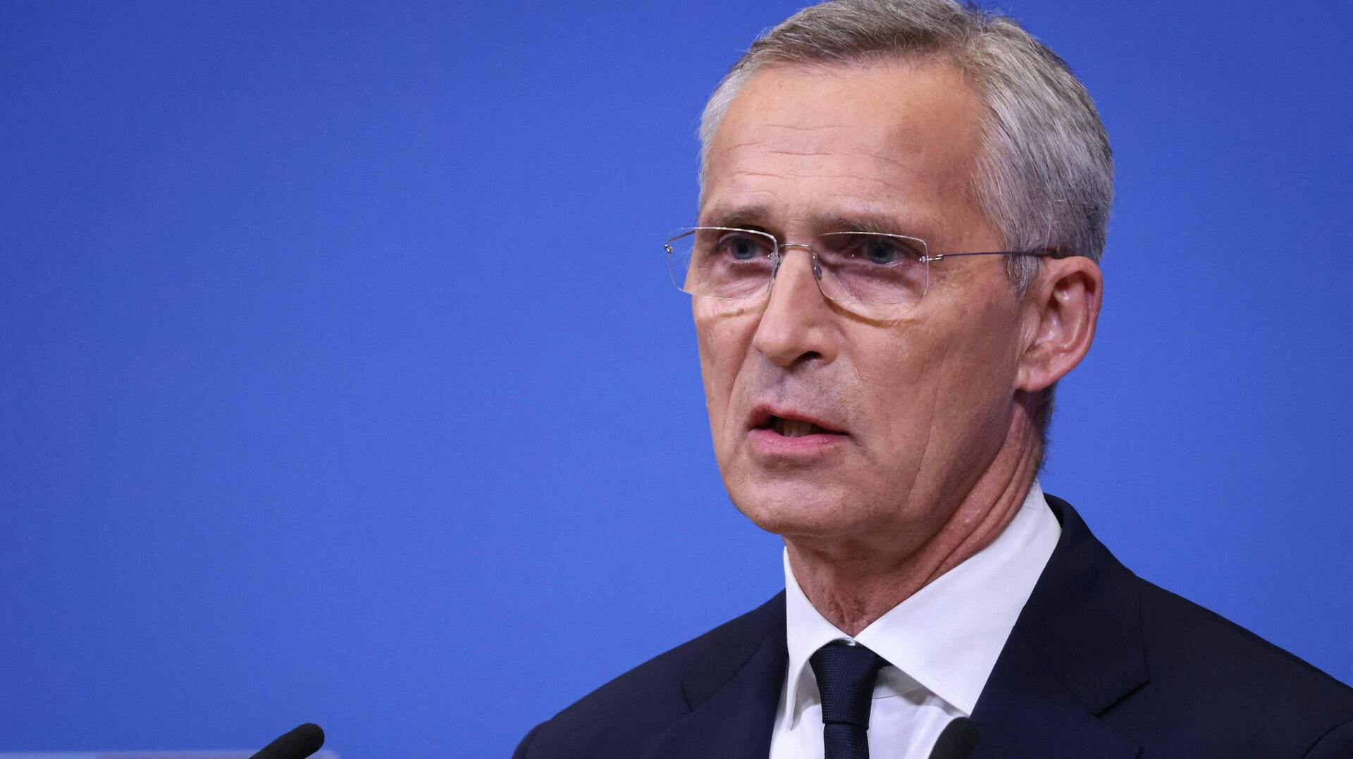 Secretary General of NATO Jens Stoltenberg addresses a press conference at the NATO headquarters in Brussels, on October 11, 2023. (Photo by SIMON WOHLFAHRT / AFP)
