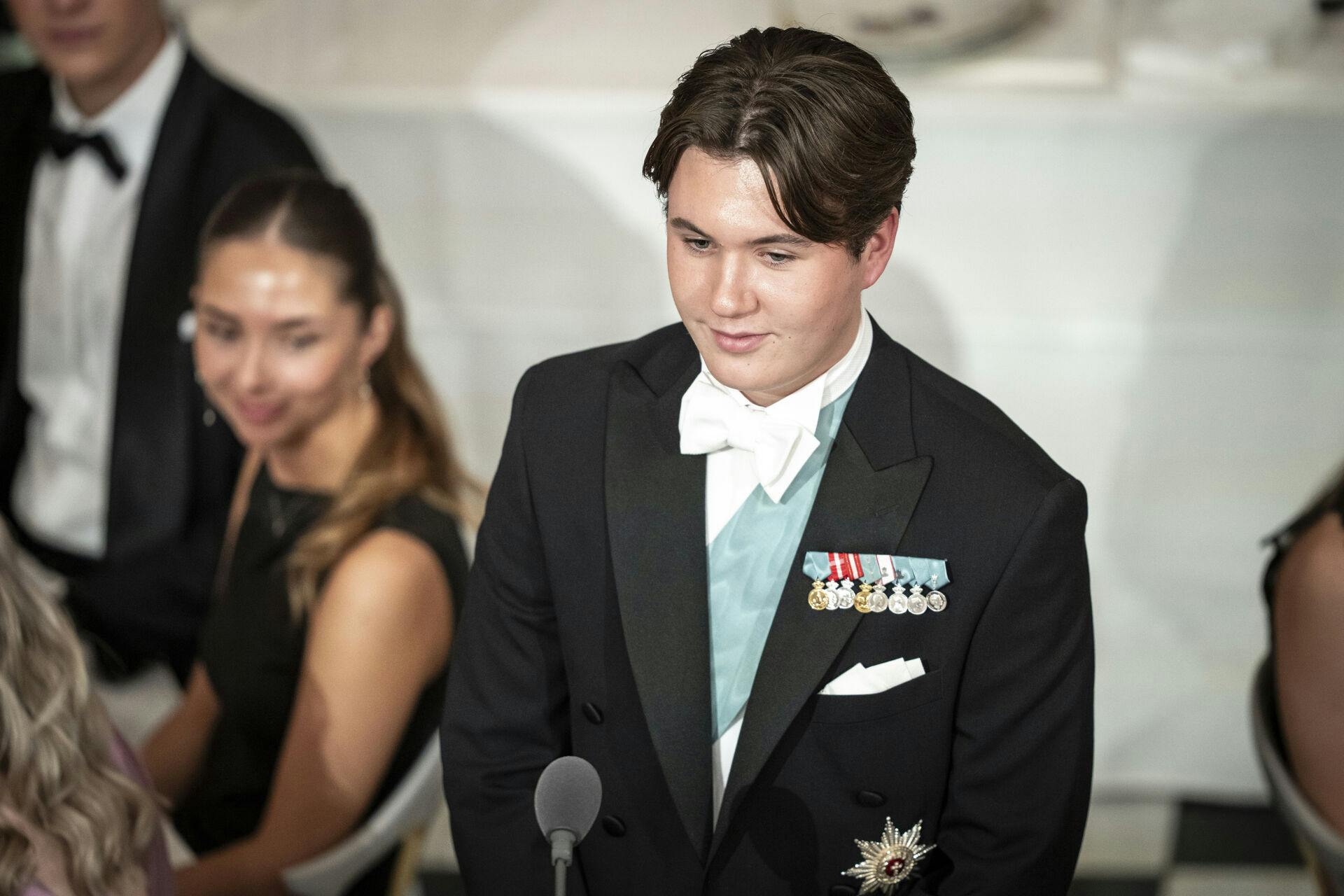 Prince Christian gives a speech during his 18th birthday, which is celebrated with a galla djinner at Christiansborg Castle in Copenhagen, Sunday 15 October 2023. (Photo: Mads Claus Rasmussen/Ritzau Scanpix)