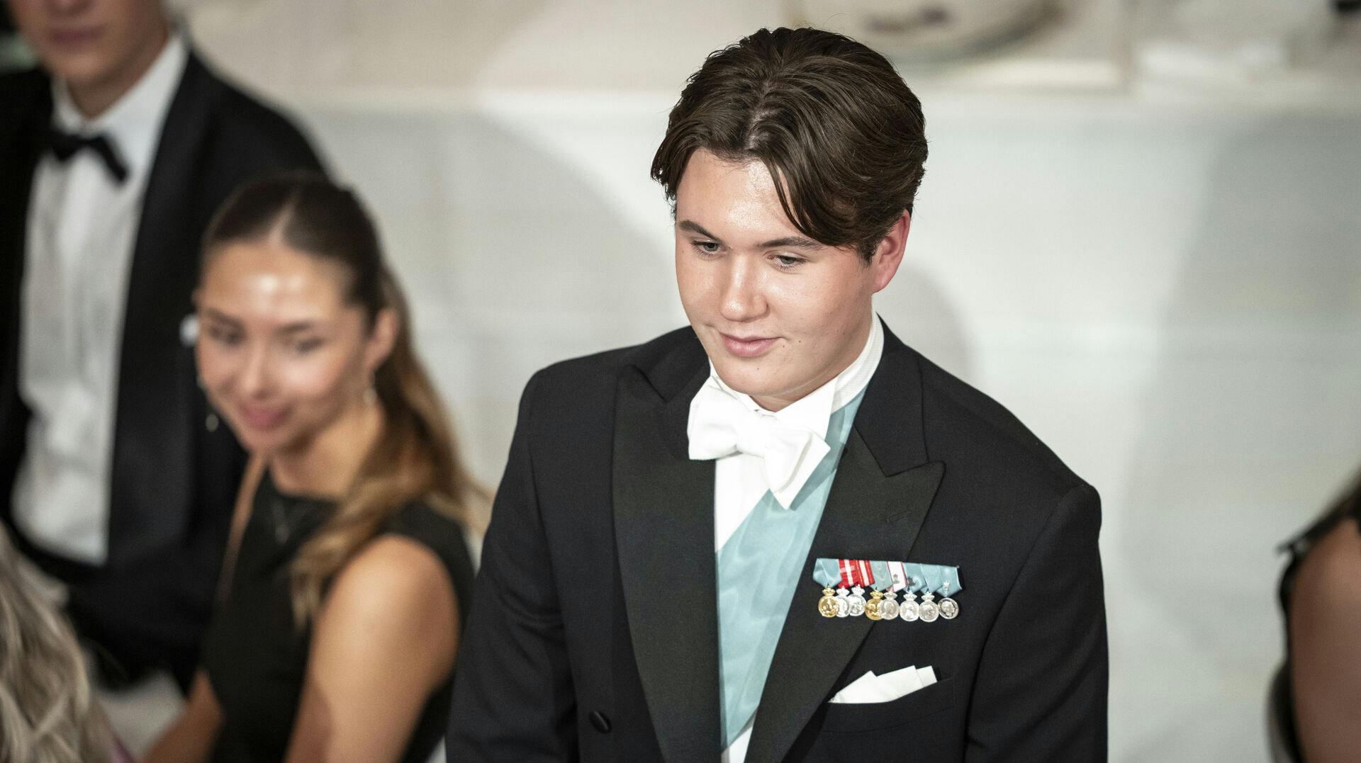 Prince Christian gives a speech during his 18th birthday, which is celebrated with a galla djinner at Christiansborg Castle in Copenhagen, Sunday 15 October 2023. (Photo: Mads Claus Rasmussen/Ritzau Scanpix)