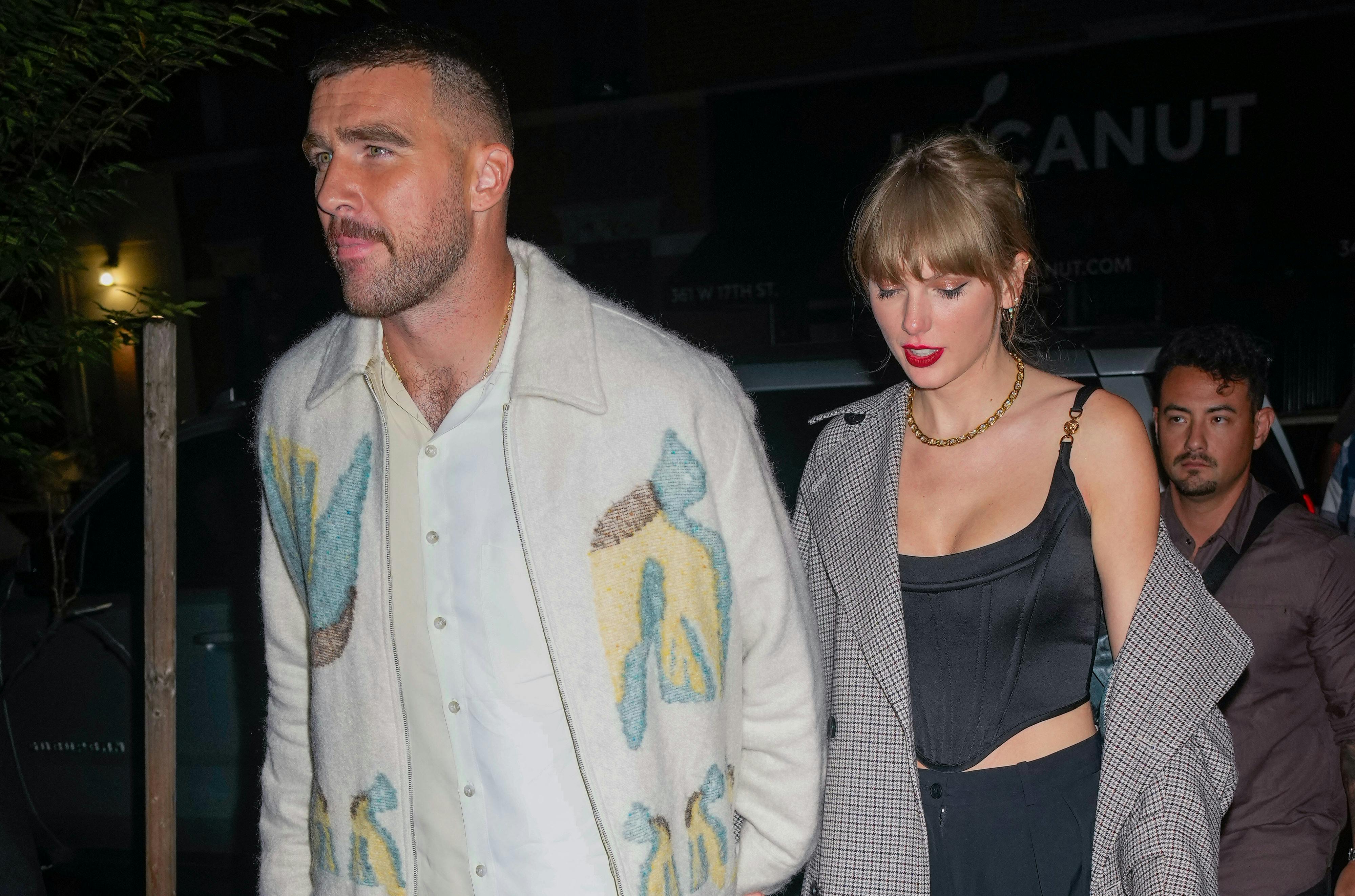 Taylor Swift and Travis Kelce attend the SNL afterparty in New York. 15 Oct 2023 Pictured: Taylor Swift, Travis Kelce. Photo credit: MEGA TheMegaAgency.com +1 888 505 6342 (Mega Agency TagID: MEGA1046369_008.jpg) [Photo via Mega Agency]