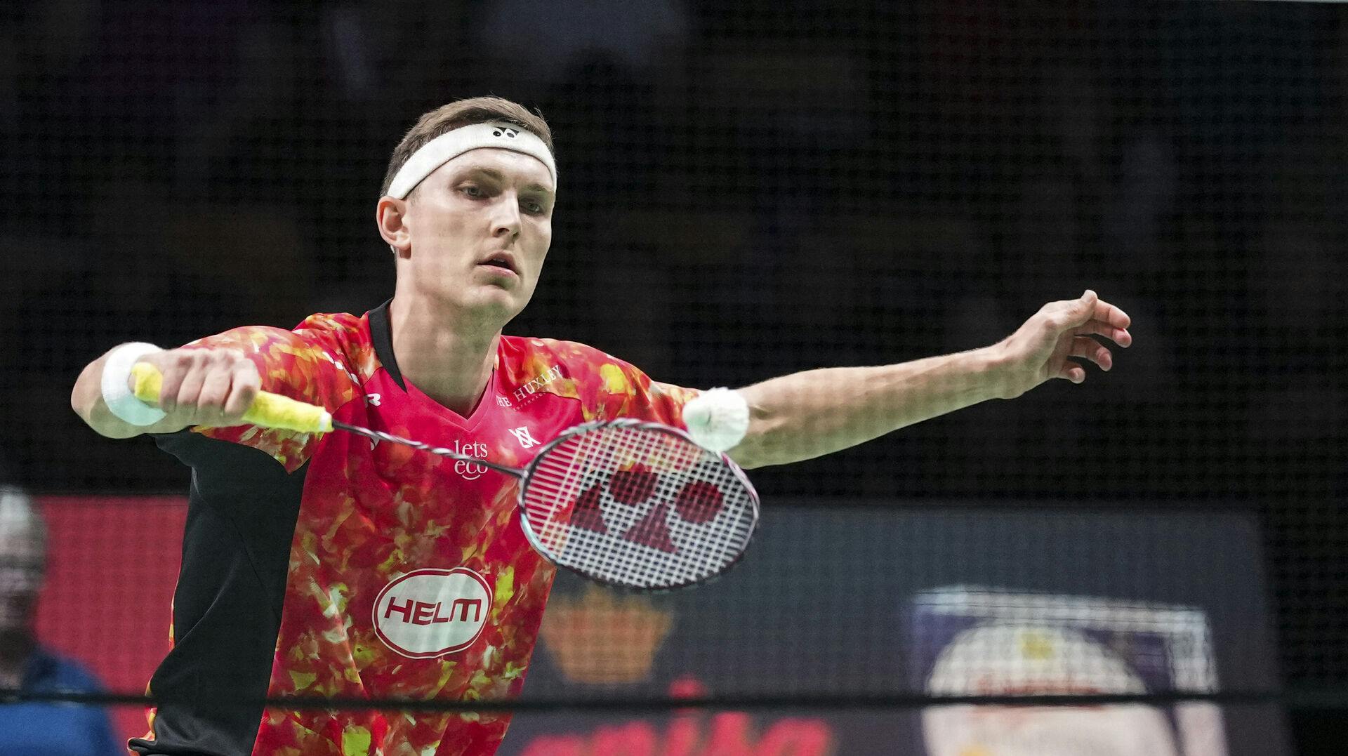 Men's singles Viktor Axelsen (photo) against Magnus Johannesen during the Denmark Open Badminton in Jyske Bank Arena on Wednesday 18 October 2023. (Photo: Claus Fisker / Ritzau Scanpix)