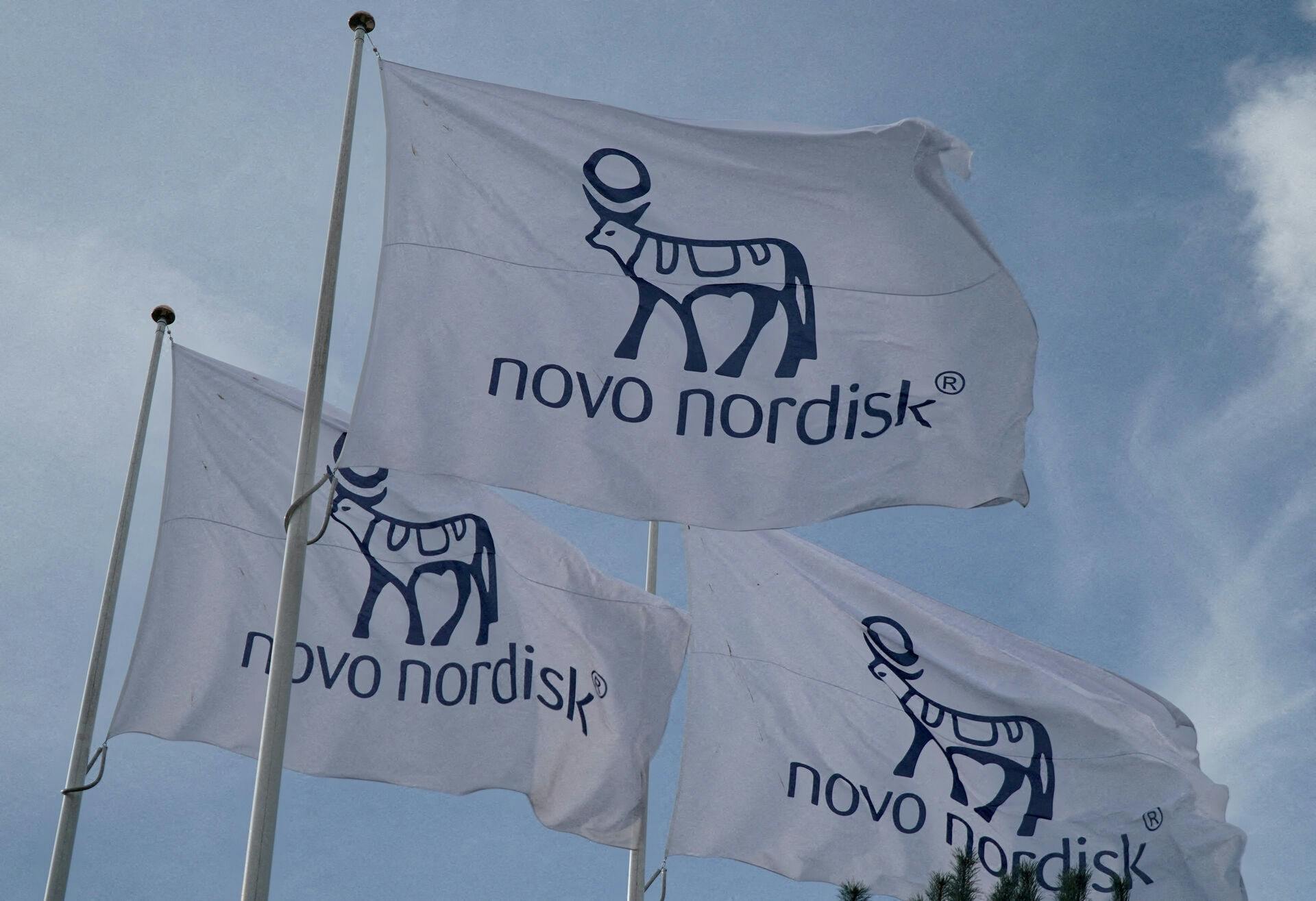 FILE PHOTO: Flags with the Novo Nordisk logo flutter outside their Danish company's offices in Copenhagen, Denmark, September 26, 2023. REUTERS/Tom Little/File Photo