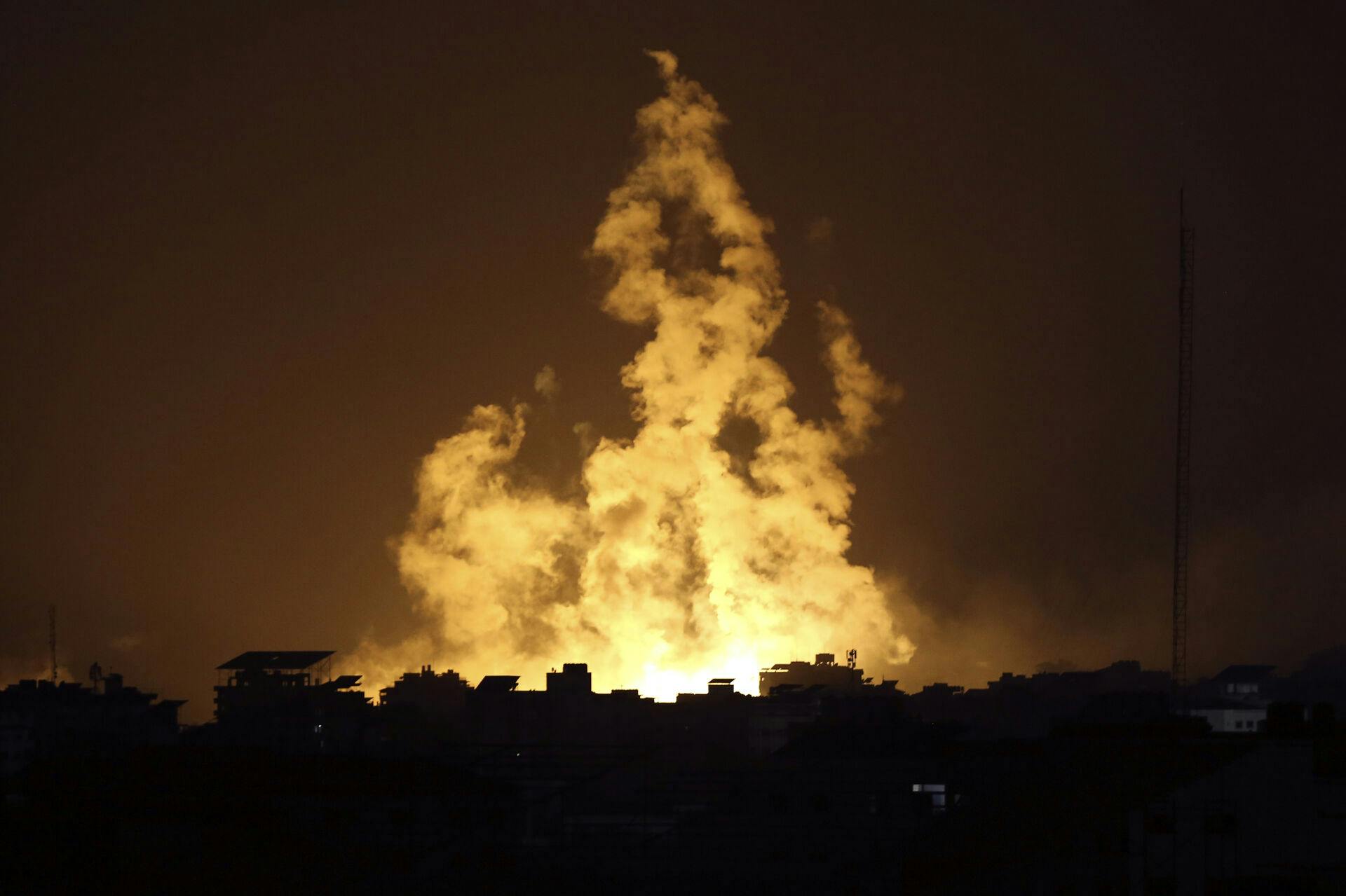 Fire and smoke rises from buildings following Israeli airstrikes on Gaza City, Sunday, Nov. 5, 2023. (AP Photo/Abed Khaled)