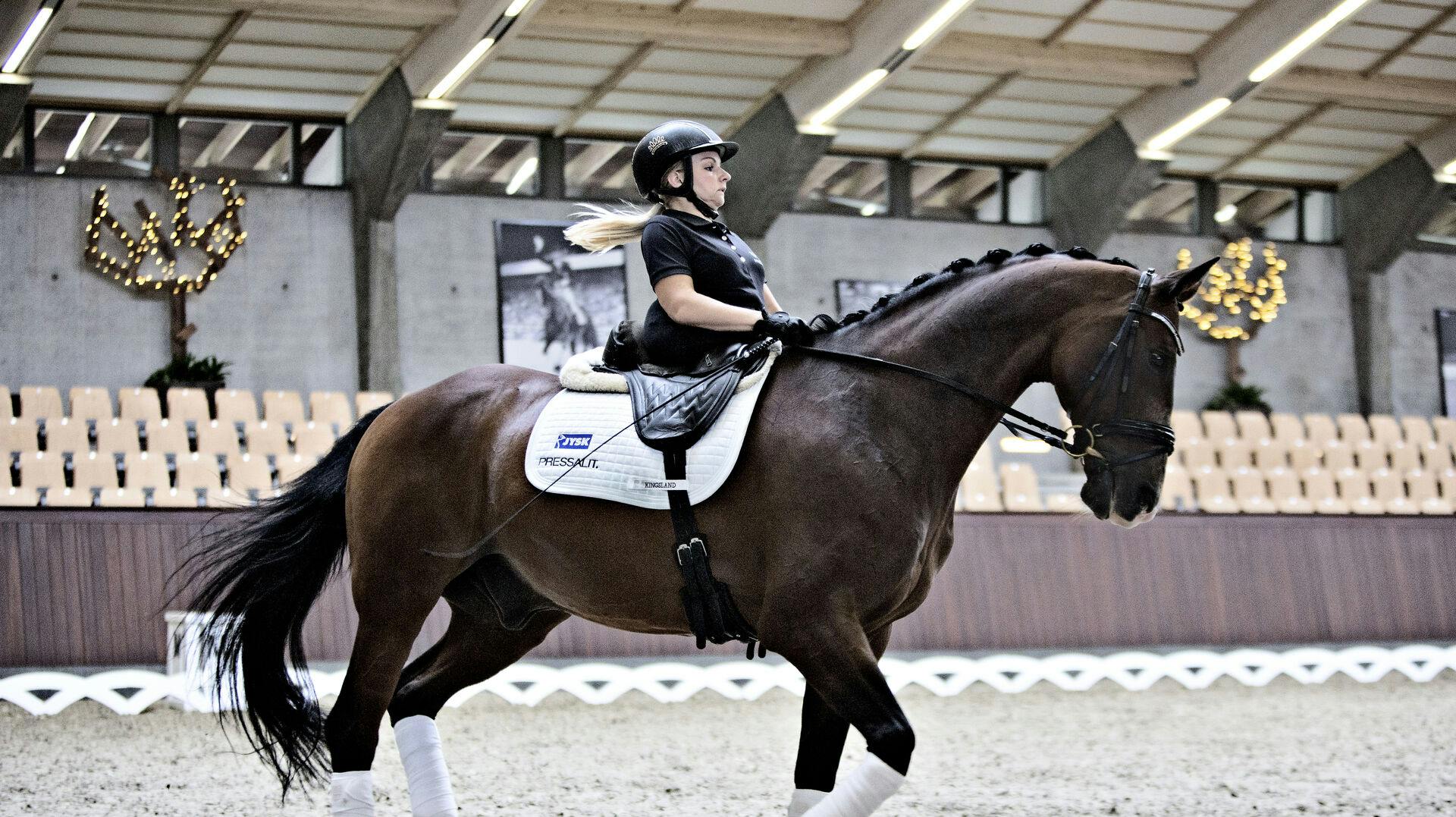 En forfærdelig hændelse resulterede lørdag i, at den tidligere VM-guld og PL-bronze-vinderhest Horsebo Smarties måtte aflives. Her ses hesten med Stinna Tange Kaastrup. 
