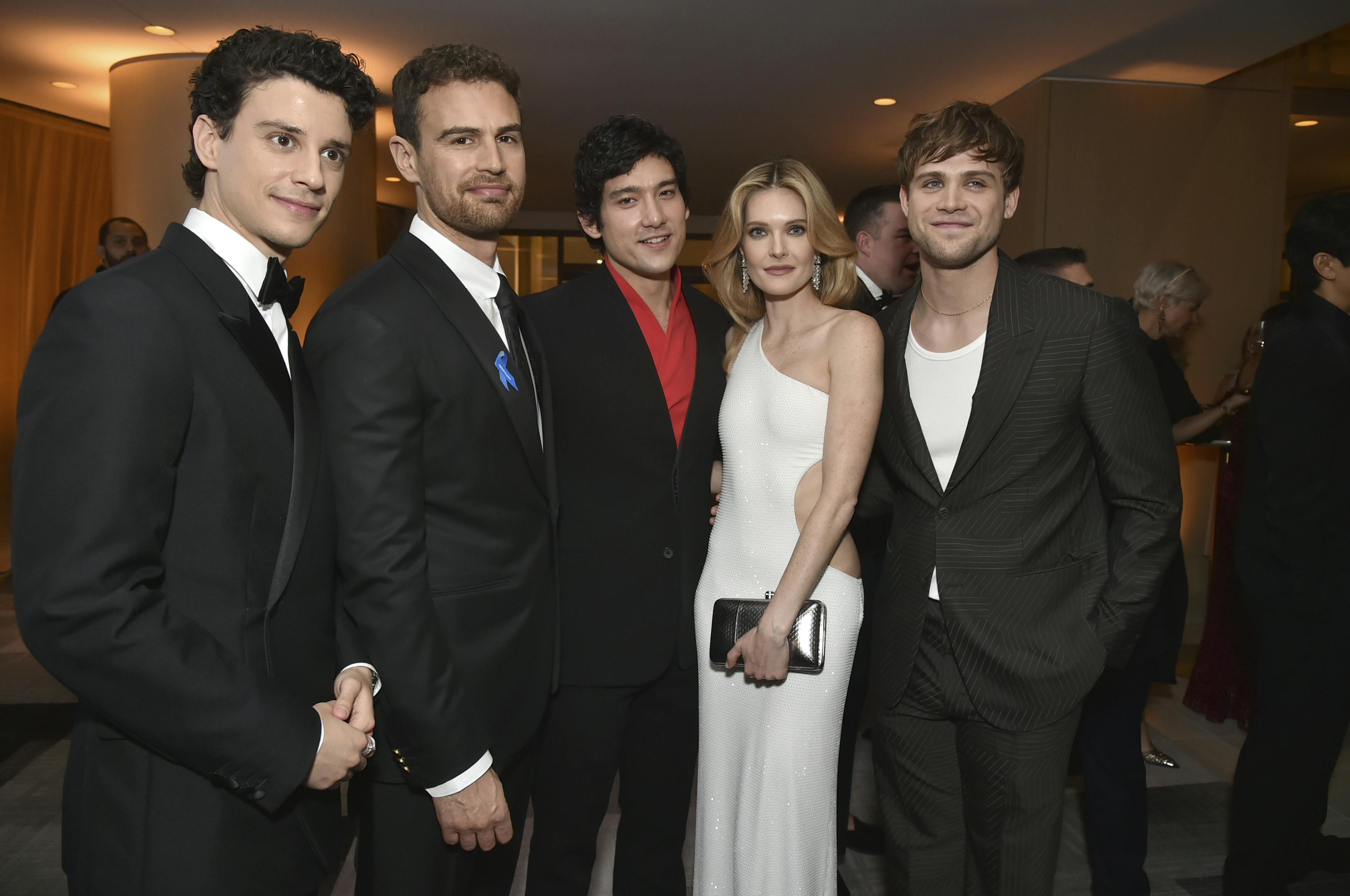 Adam DiMarco, from left, Theo James, Will Sharpe, Meghann Fahy, and Leo Woodall attend the 29th annual Screen Actors Guild Awards on Sunday, Feb. 26, 2023, at the Fairmont Century Plaza in Los Angeles. (Richard Shotwell/Invision/AP)