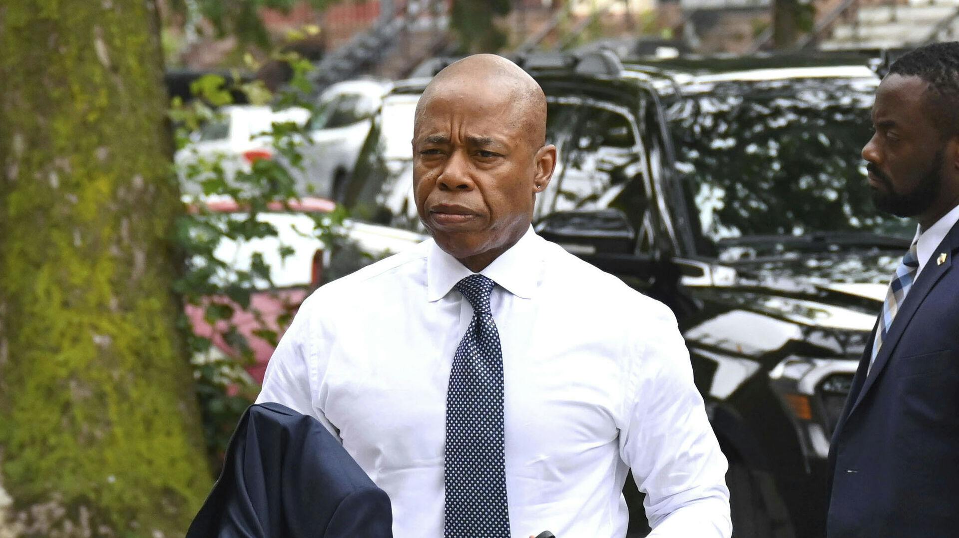 Photo by: zz/NDZ/STAR MAX/IPx 2023 6/27/23 Mayor of New York City Eric Adams is seen on June 27, 2023 arriving at P.S. 005 Dr. Ronald McNair public school in Brooklyn to deliver remarks concerning mental health and education. (NYC)