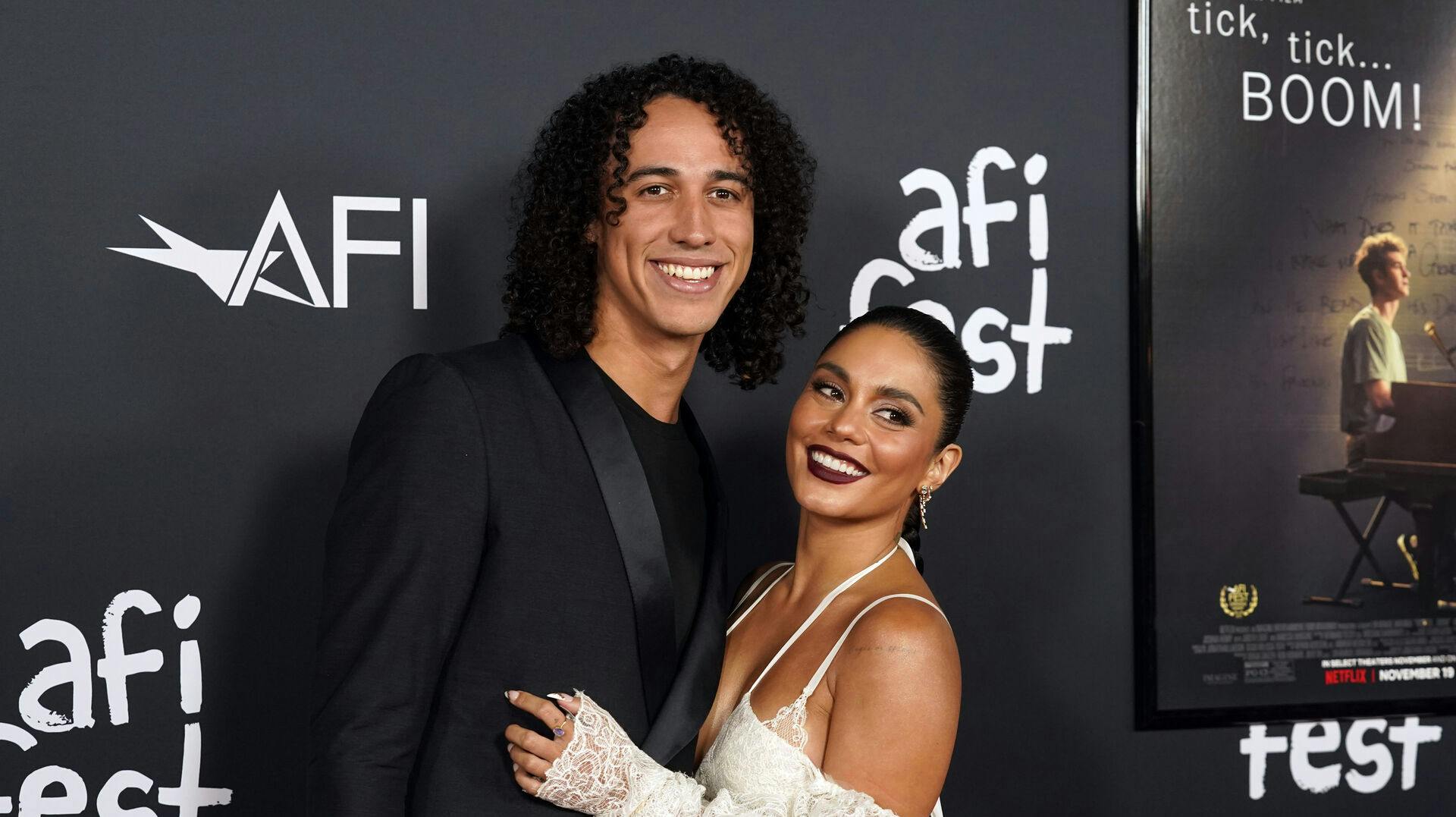 Vanessa Hudgens and her boyfriend Cole Tucker pose together at the premiere of the film "tick, tick
BOOM!" on the opening night of the 2021 AFI Fest, Wednesday, Nov. 10, 2021, in Los Angeles. (AP Photo/Chris Pizzello)