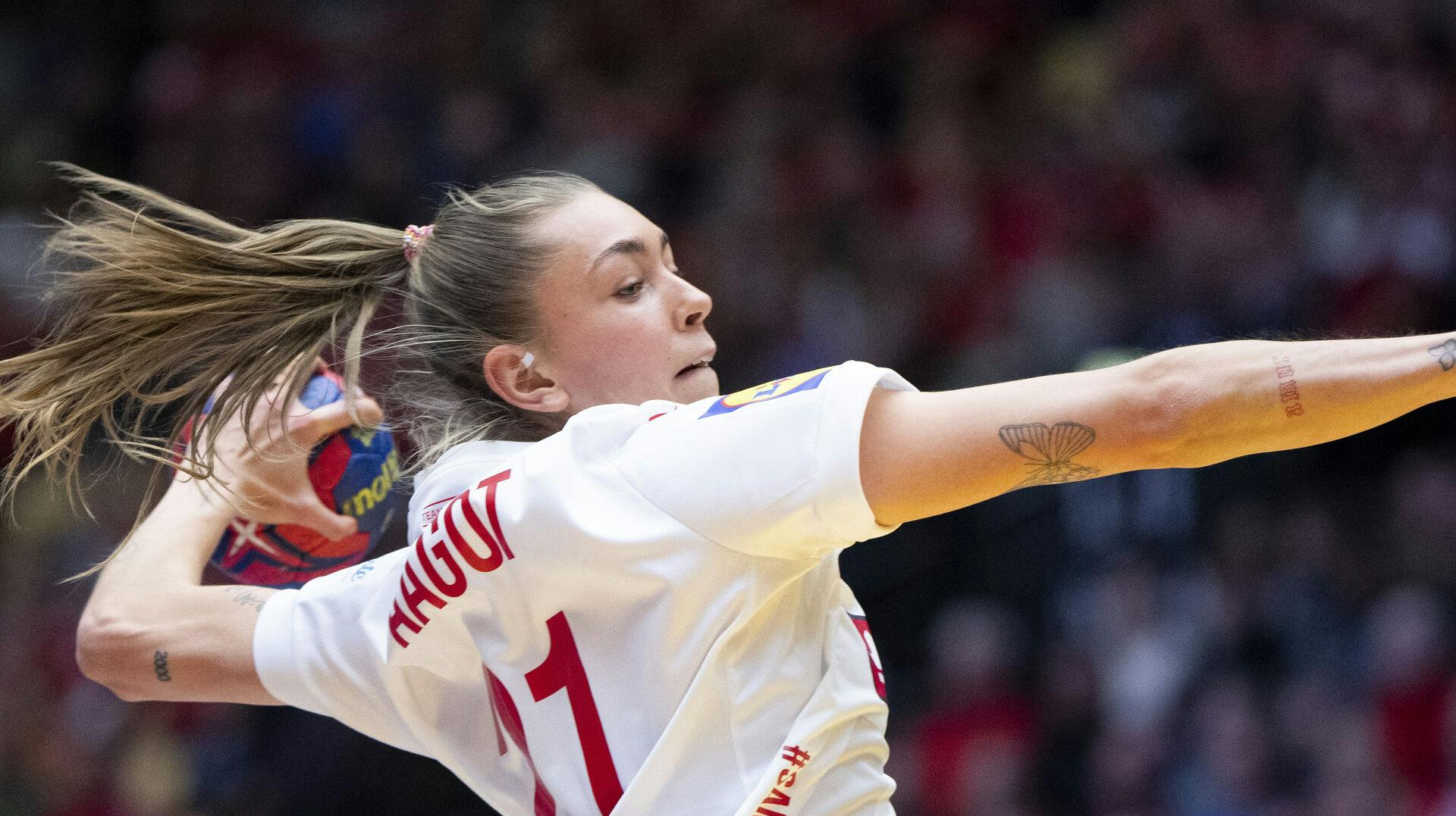 Danmarks Andrea Aagot Hansen under VM-kampen mellem Danmark og Chile fra gruppe E under IHF verdensmesterskabet i kvindehåndbold i den indledende runde i Jyske Bank Boxen i Herning, søndag den 3. december 2023. (Foto: Bo Amstrup/Ritzau Scanpix)
