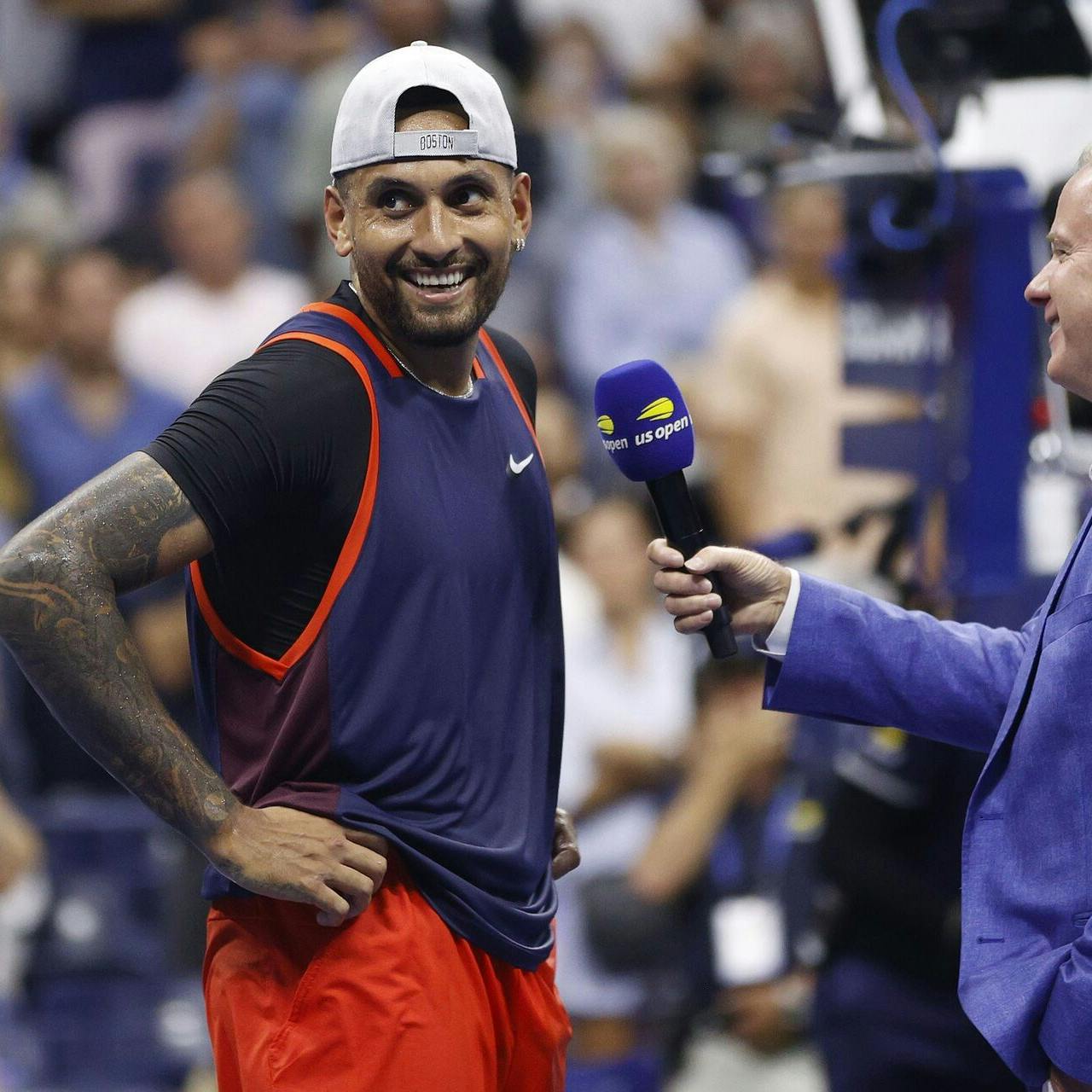 NEW YORK, NEW YORK - SEPTEMBER 04: Nick Kyrgios of Australia smiles during an interview after a win against Daniil Medvedev during their Men's Singles Fourth Round match on Day Seven of the 2022 US Open at USTA Billie Jean King National Tennis Center on September 04, 2022 in the Flushing neighborhood of the Queens borough of New York City. Sarah Stier/Getty Images/AFP == FOR NEWSPAPERS, INTERNET, TELCOS & TELEVISION USE ONLY ==