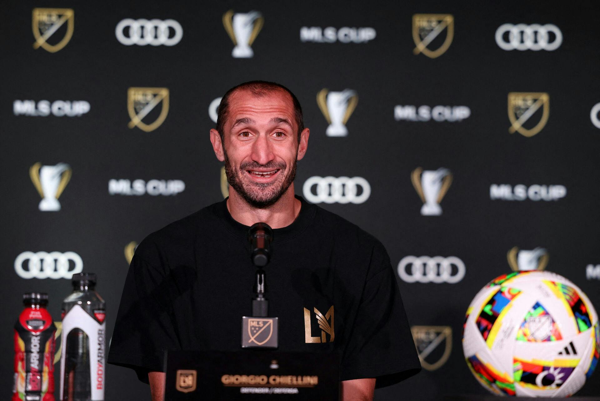 Dec 7, 2023; Columbus, OH, USA; Los Angeles FC defender Giorgio Chiellini (14) during media day for the MLS Cup at Lower.com Field. Mandatory Credit: Trevor Ruszkowski-USA TODAY Sports