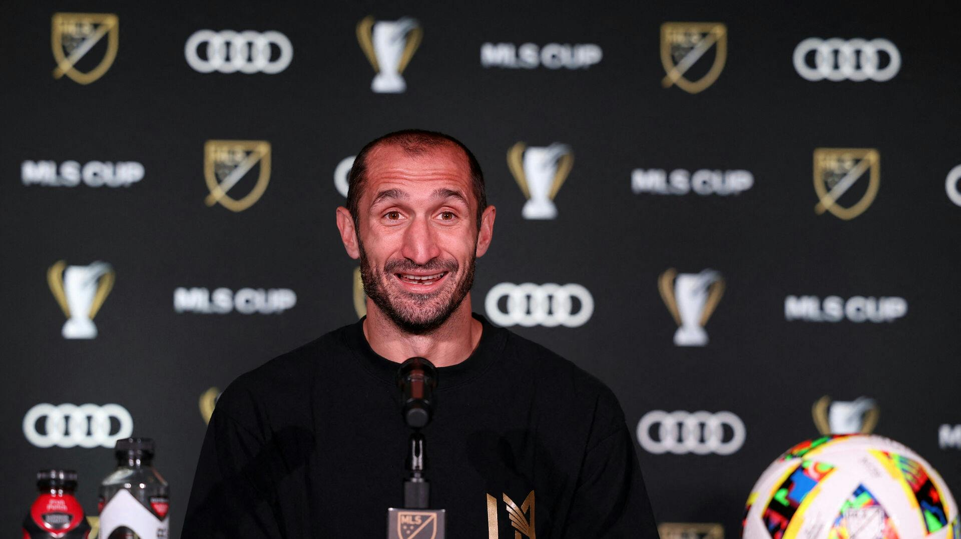 Dec 7, 2023; Columbus, OH, USA; Los Angeles FC defender Giorgio Chiellini (14) during media day for the MLS Cup at Lower.com Field. Mandatory Credit: Trevor Ruszkowski-USA TODAY Sports