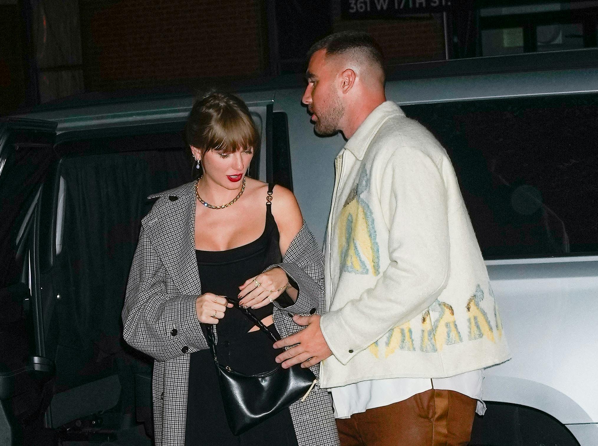 Taylor Swift and Travis Kelce attend the SNL afterparty in New York. 15 Oct 2023 Pictured: Taylor Swift, Travis Kelce. Photo credit: MEGA TheMegaAgency.com +1 888 505 6342 (Mega Agency TagID: MEGA1046369_001.jpg) [Photo via Mega Agency]