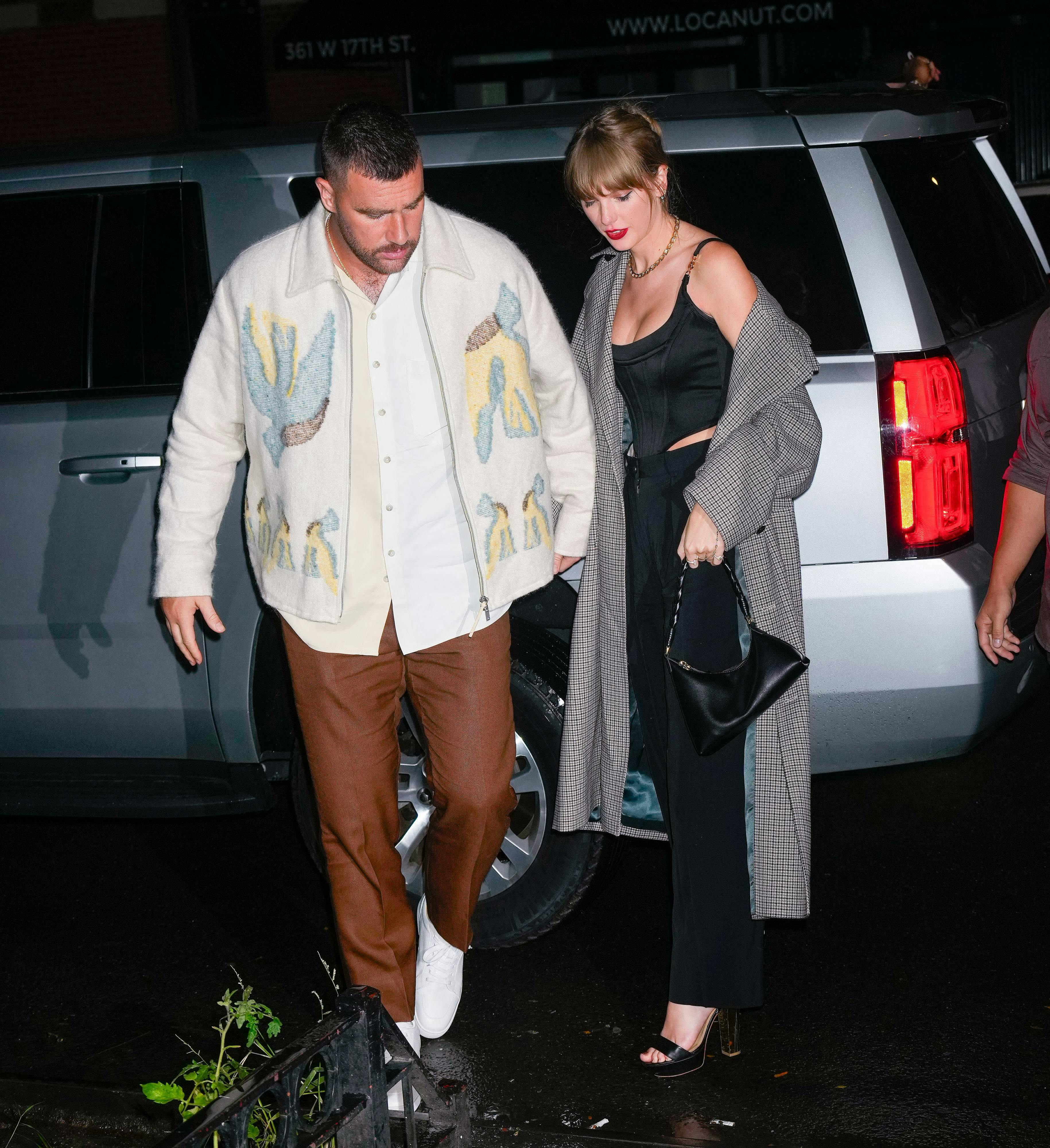 Taylor Swift and Travis Kelce attend the SNL afterparty in New York. 15 Oct 2023 Pictured: Taylor Swift, Travis Kelce. Photo credit: MEGA TheMegaAgency.com +1 888 505 6342 (Mega Agency TagID: MEGA1046369_014.jpg) [Photo via Mega Agency]