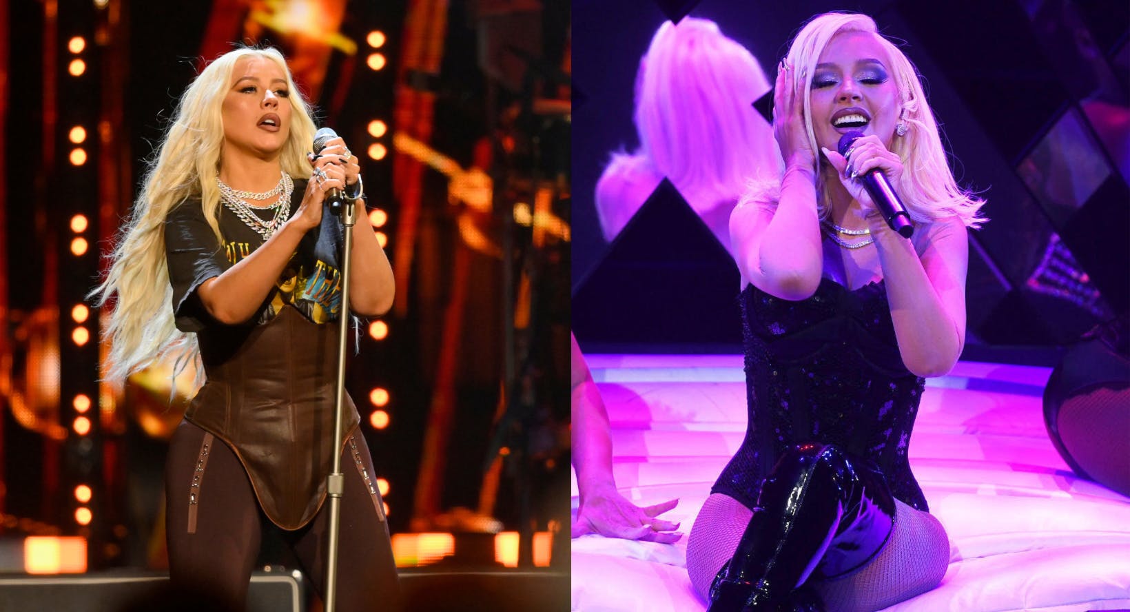 Hun har tabt sig en del, den gode Christina Aguilera. Til venstre et billede af hendes Tina Turner-tribute i 2021 og til højre ses hun på det nyeste foto fra Vegas-koncertrækken&nbsp;