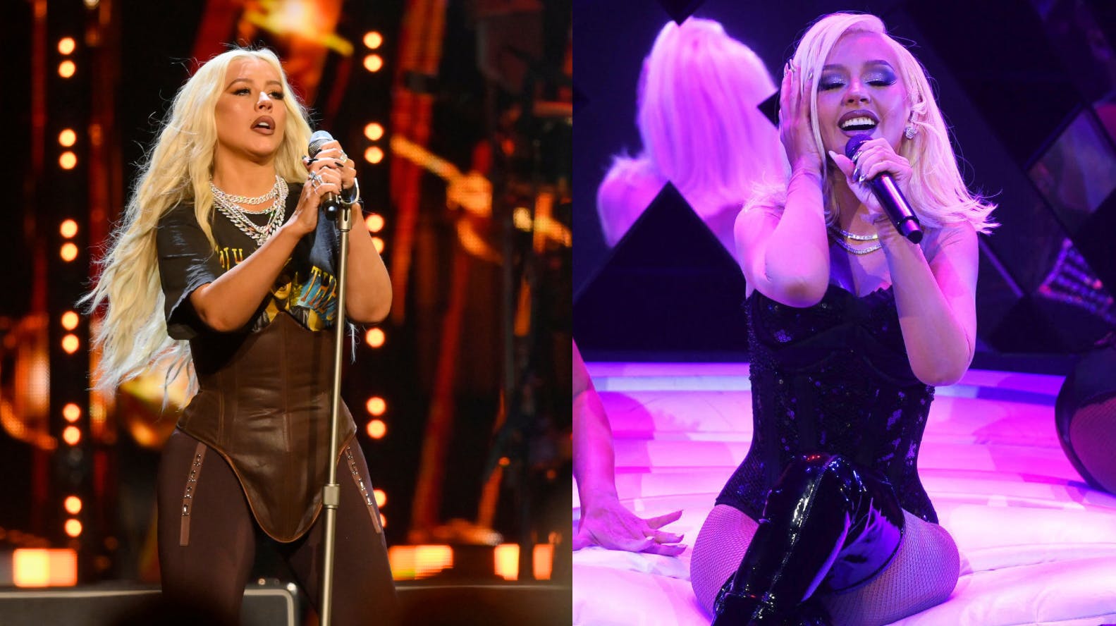 Hun har tabt sig en del, den gode Christina Aguilera. Til venstre et billede af hendes Tina Turner-tribute i 2021 og til højre ses hun på det nyeste foto fra Vegas-koncertrækken&nbsp;