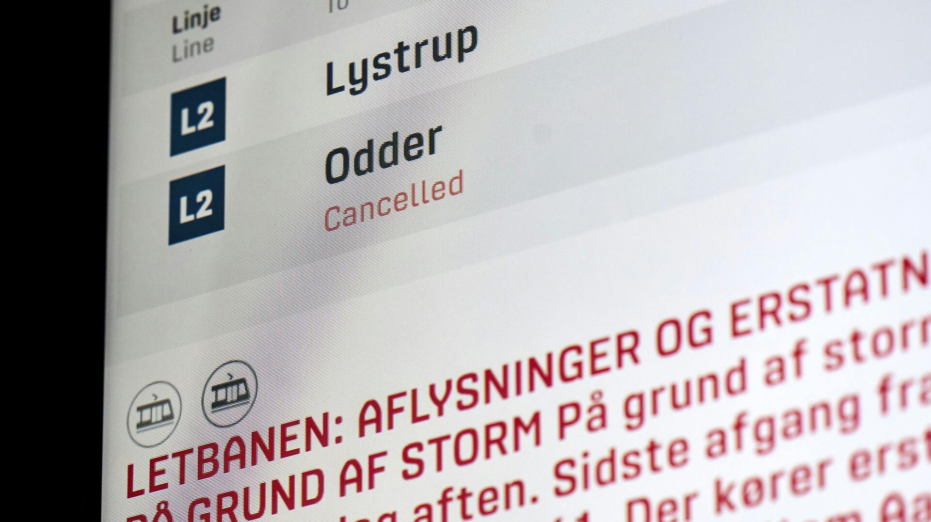 Aarhus Letbane aflyser afgange på grund af stormen Pia, i Aarhus torsdag den 21. december 2023.. (Foto: Mikkel Berg Pedersen/Ritzau Scanpix)