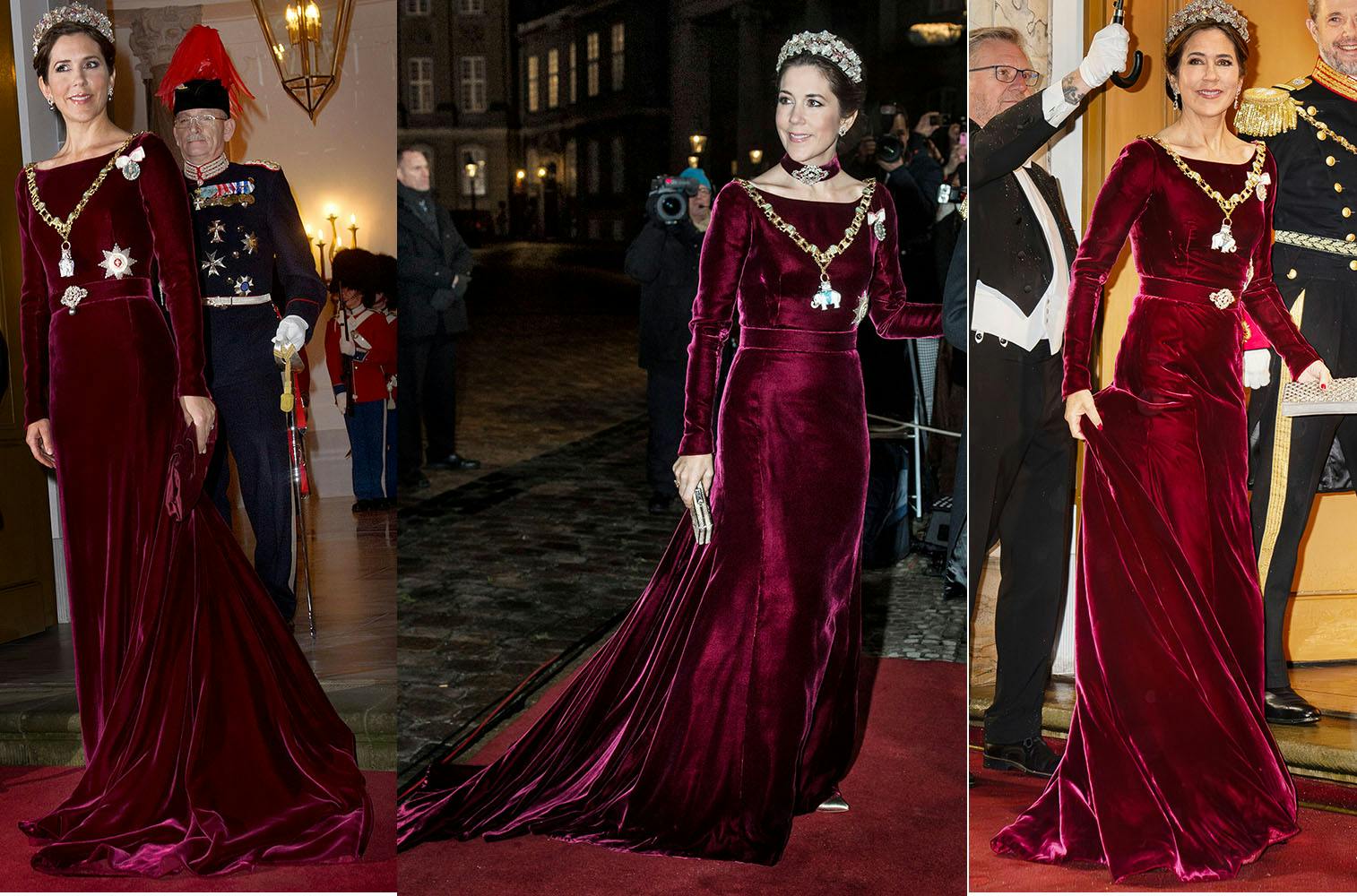 Mary har båret denne kjole af Birgit Hallstein otte gange, og den fik sin debut i 2007. Fra venstre mod højre er den fotograferet i 2012, 2014 og 2024. 