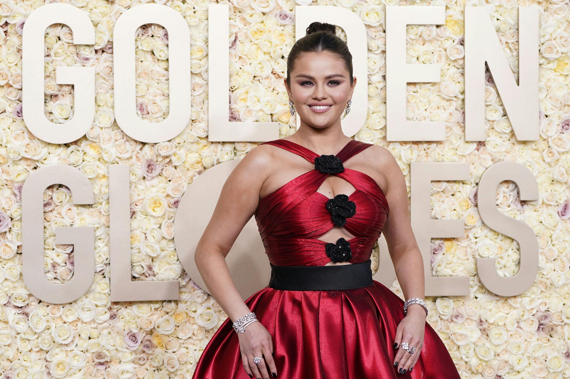Selena Gomez arrives at the 81st Golden Globe Awards on Sunday, Jan. 7, 2024, at the Beverly Hilton in Beverly Hills, Calif. (Photo by Jordan Strauss/Invision/AP)