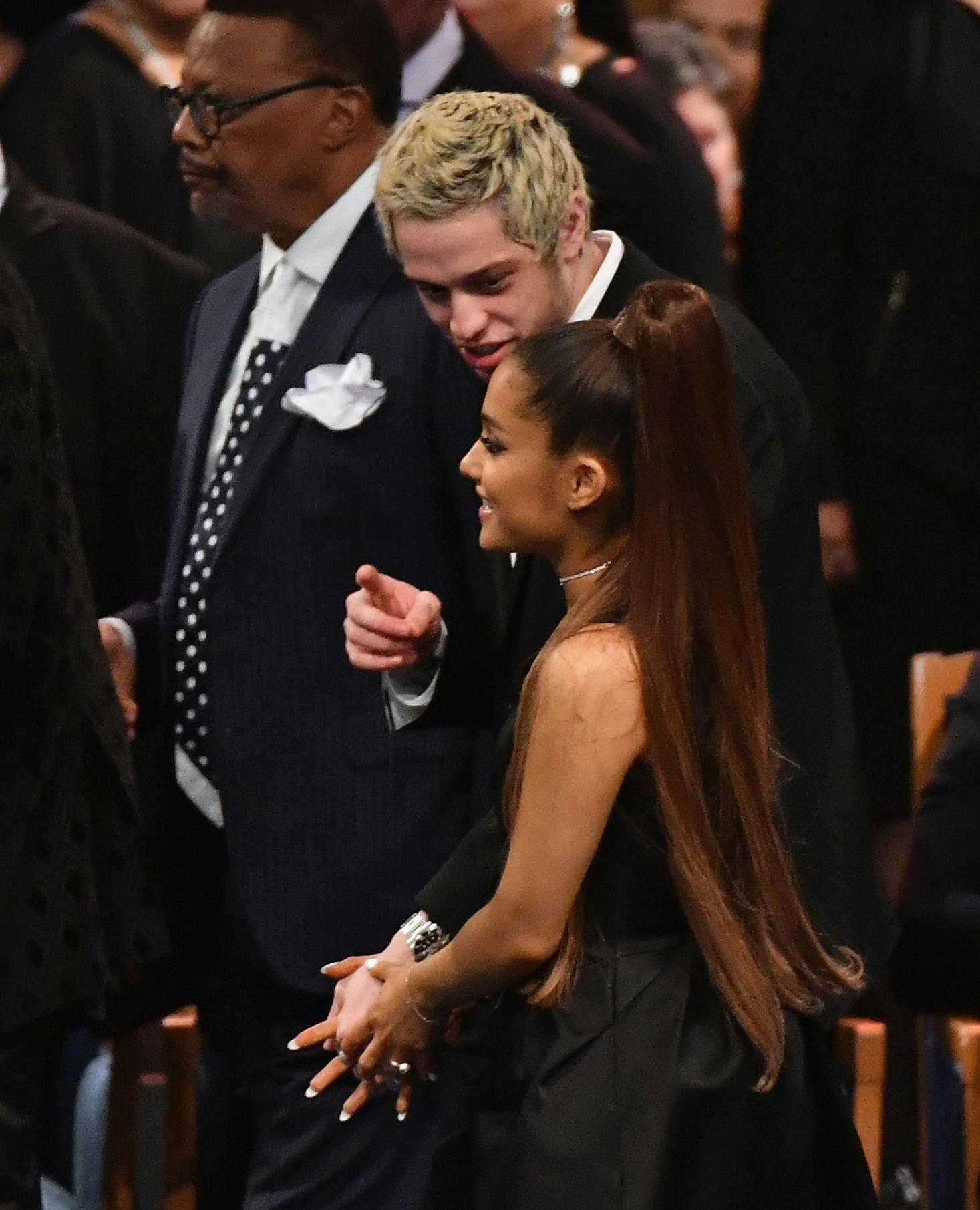 Singer Ariana Grande and her fiancee Pete Davidson attend Aretha Franklin's funeral at Greater Grace Temple on August 31, 2018 in Detroit, Michigan. (Photo by Angela Weiss / AFP)