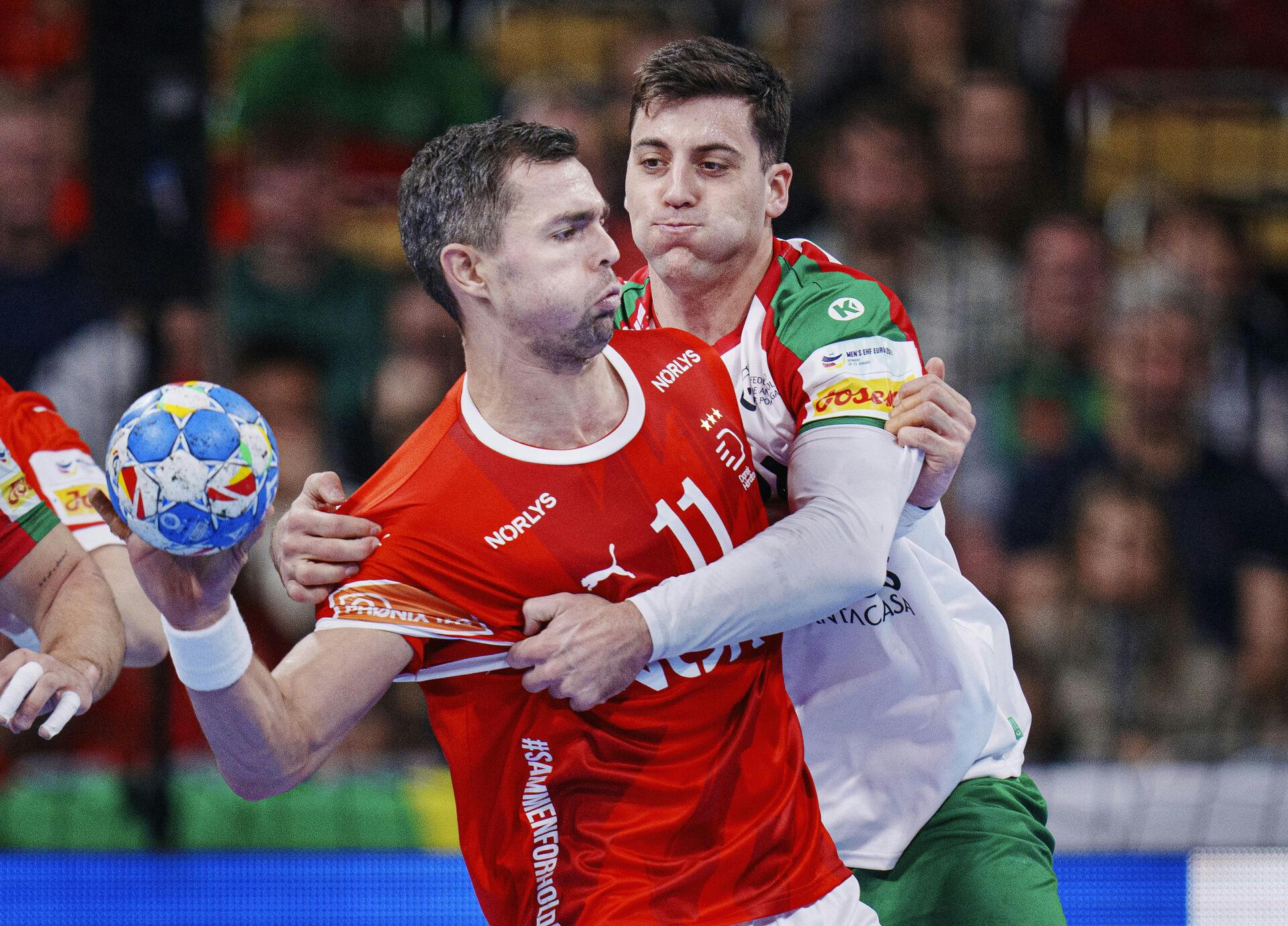 Danmarks Rasmus Lauge under EM kampen mellem Danmark - Portugal i Olympiahalle i München, mandag den 15 januar 2024. (Foto: Liselotte Sabroe/Ritzau Scanpix)