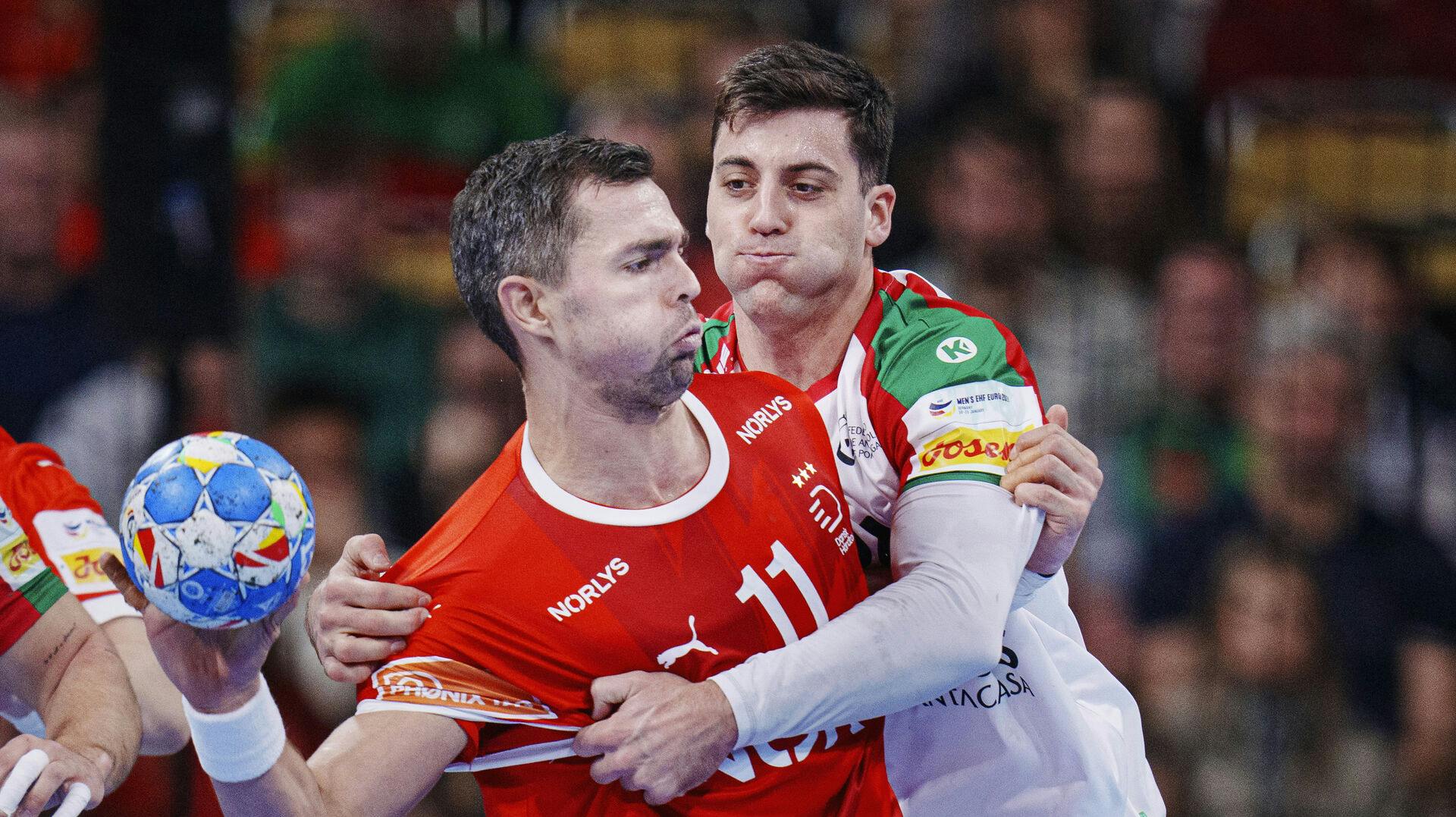 Danmarks Rasmus Lauge under EM kampen mellem Danmark - Portugal i Olympiahalle i München, mandag den 15 januar 2024. (Foto: Liselotte Sabroe/Ritzau Scanpix)