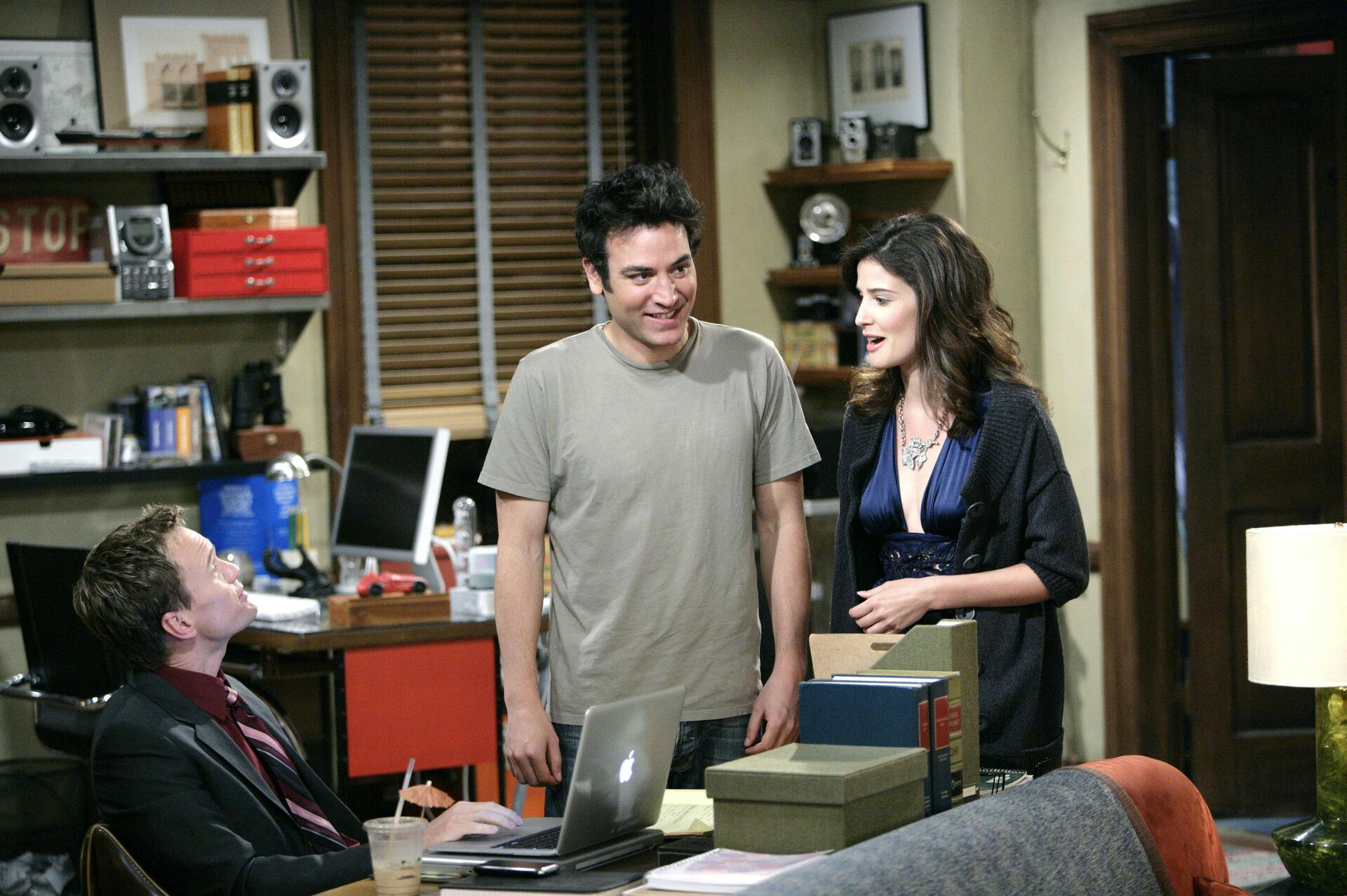 Cast members Josh Radnor, center, Neil Patrick Harris, left, and Cobie Smulders are seen while taping an episode of "How I Met Your Mother" in Los Angeles on Thursday, April 3, 2008. (AP Photo/Matt Sayles)