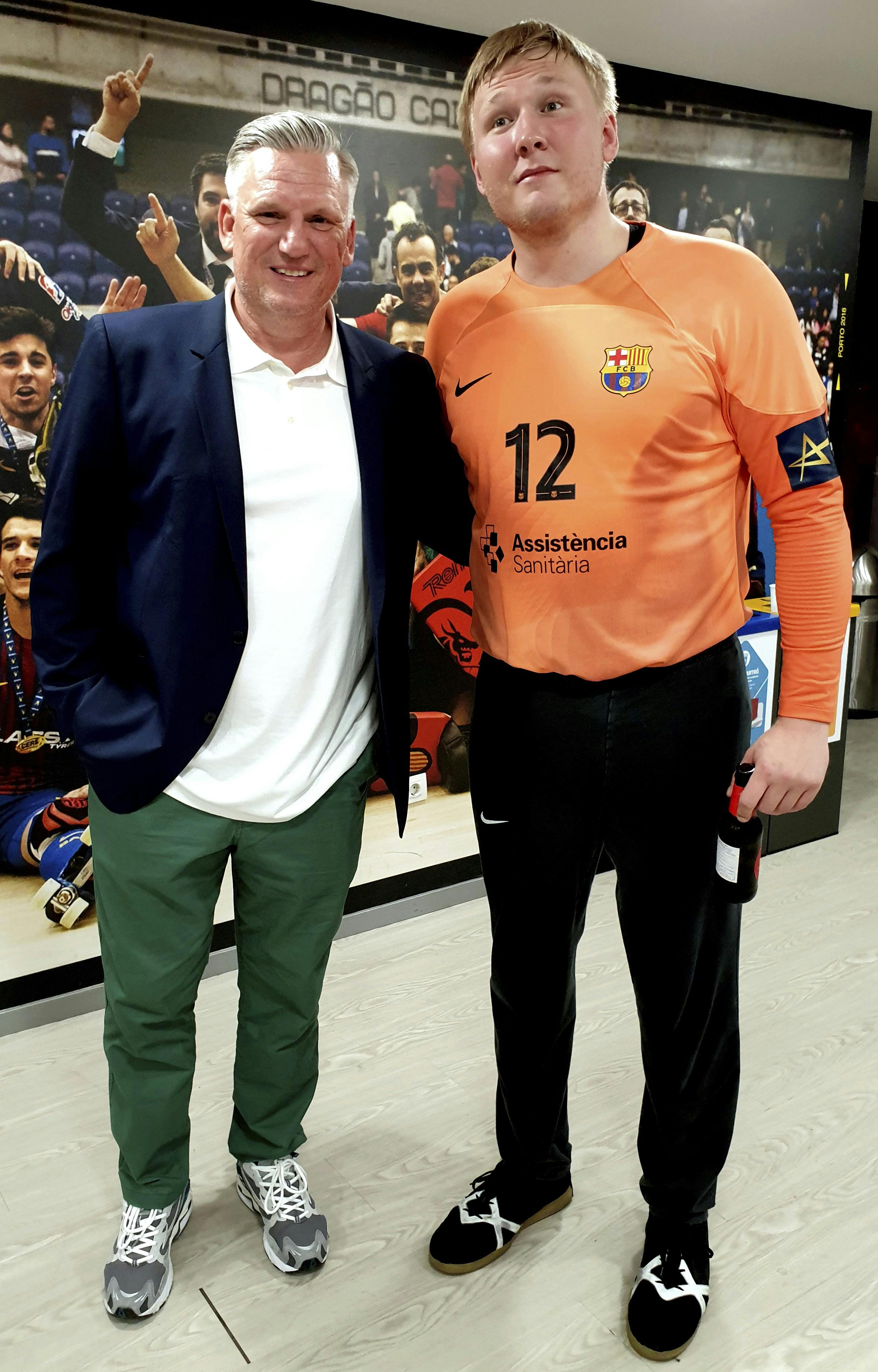 Nikolaj Jacobsen og Emil Nielsen. EHF Handball Champions League. Spanien. Barcelona. Palau Graugrana. BARCA vs GOG. Torsdag den 18. maj 2023.. (Foto: Sportxpress/Ritzau Scanpix)