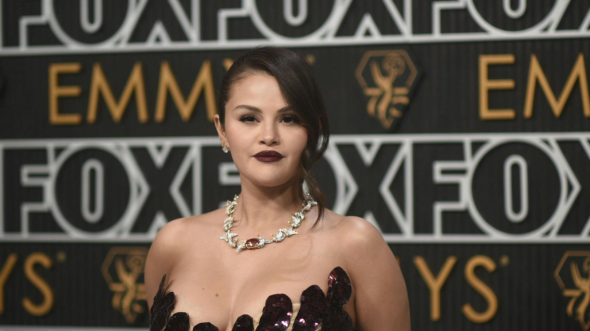 Selena Gomez arrives at the 75th Primetime Emmy Awards on Monday, Jan. 15, 2024, at the Peacock Theatre in Los Angeles. (Photo by Richard Shotwell/Invision/AP)