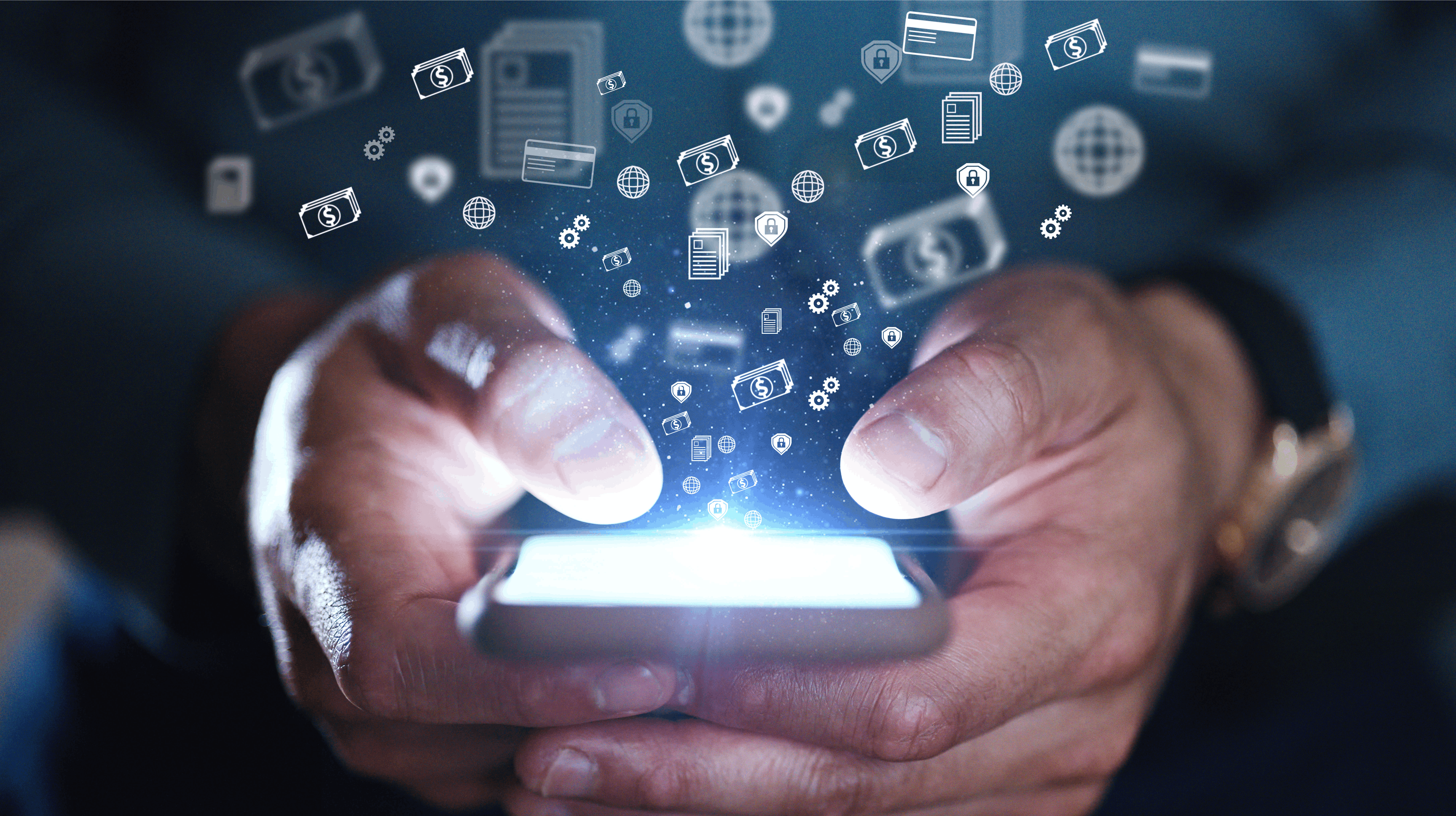 Businessman, hands and phone with money icons at night for stock market, trading or financial freedom at office. Closeup of man on mobile smartphone display in online banking app, investment or media.