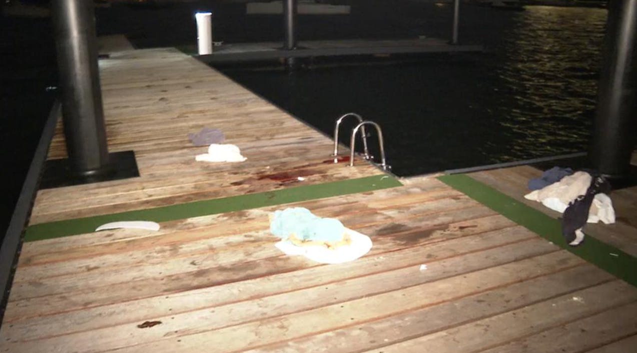 Der lå blod på det sted, hvor kvinden blev reddet op efter hajangrebet.