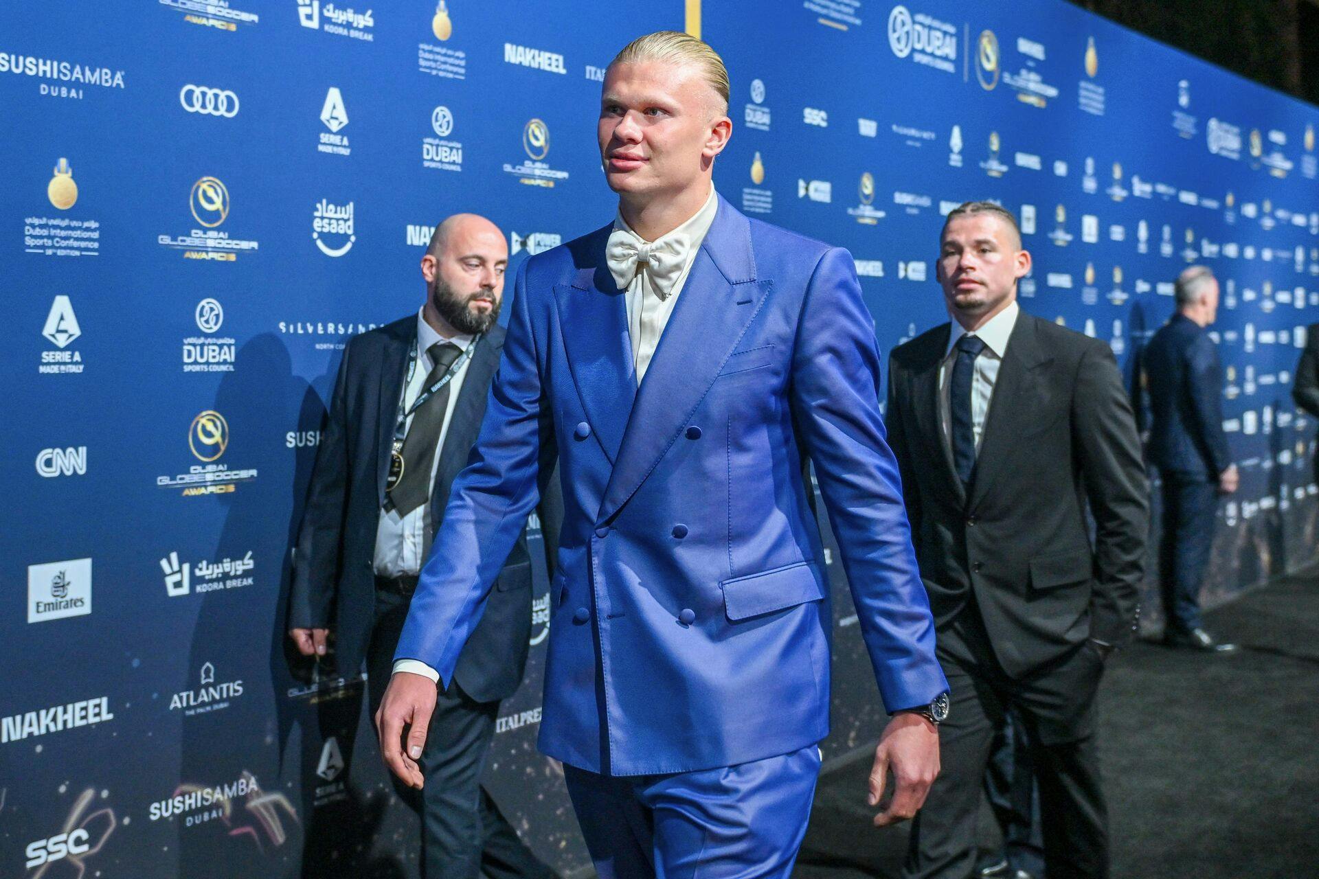 Manchester City's Norwegian forward Erling Haaland arrives to attend the 18th edition of the Globe Soccer Awards in the Gulf Emirate of Dubai on January 19, 2024. (Photo by Ryan LIM / AFP)
