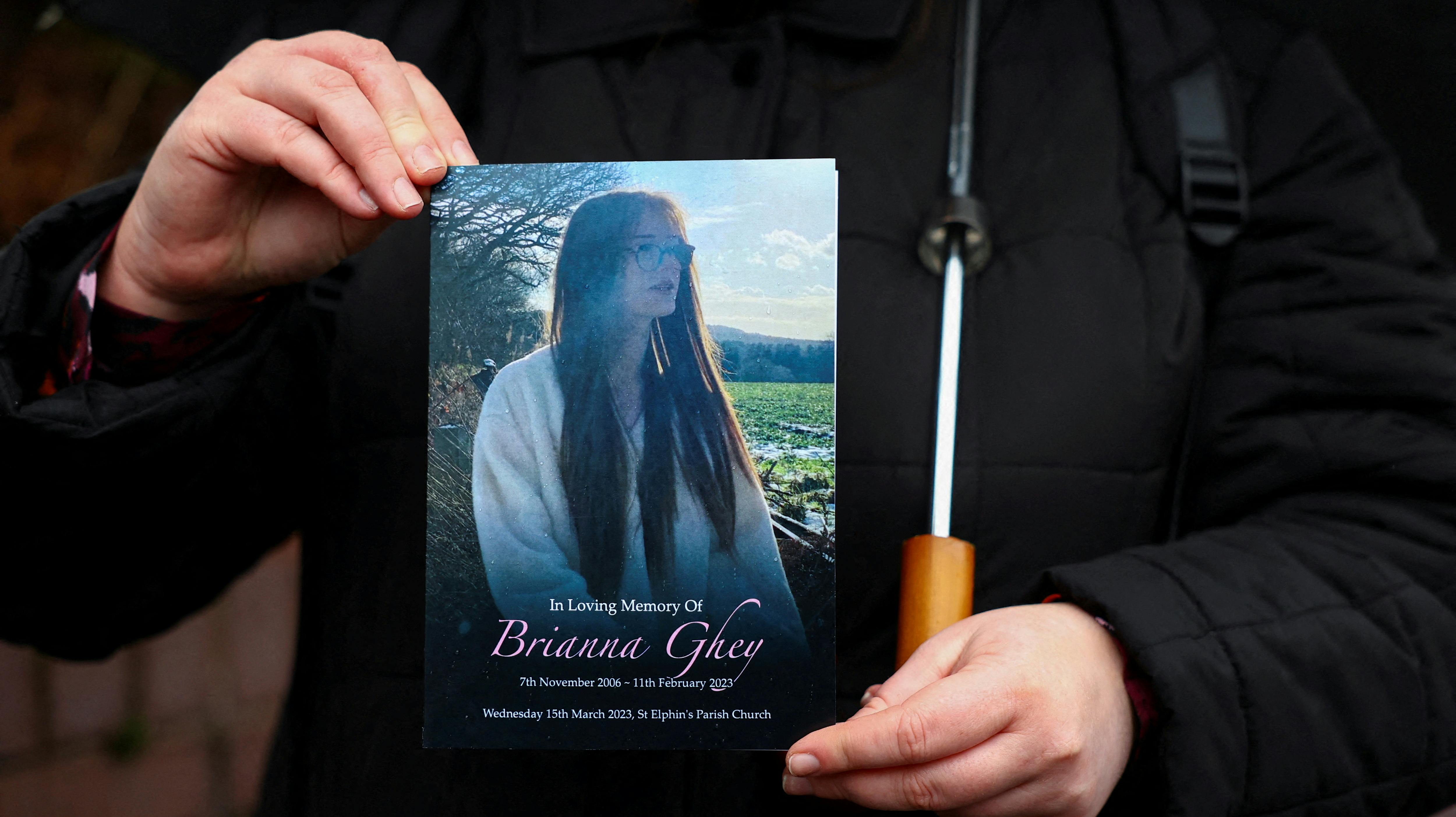 FILE PHOTO: A mourner holds the order of service for the funeral of Brianna Ghey, a 16-year-old transgender girl, in Warrington, Britain March 15, 2023. REUTERS/Molly Darlington/File Photo